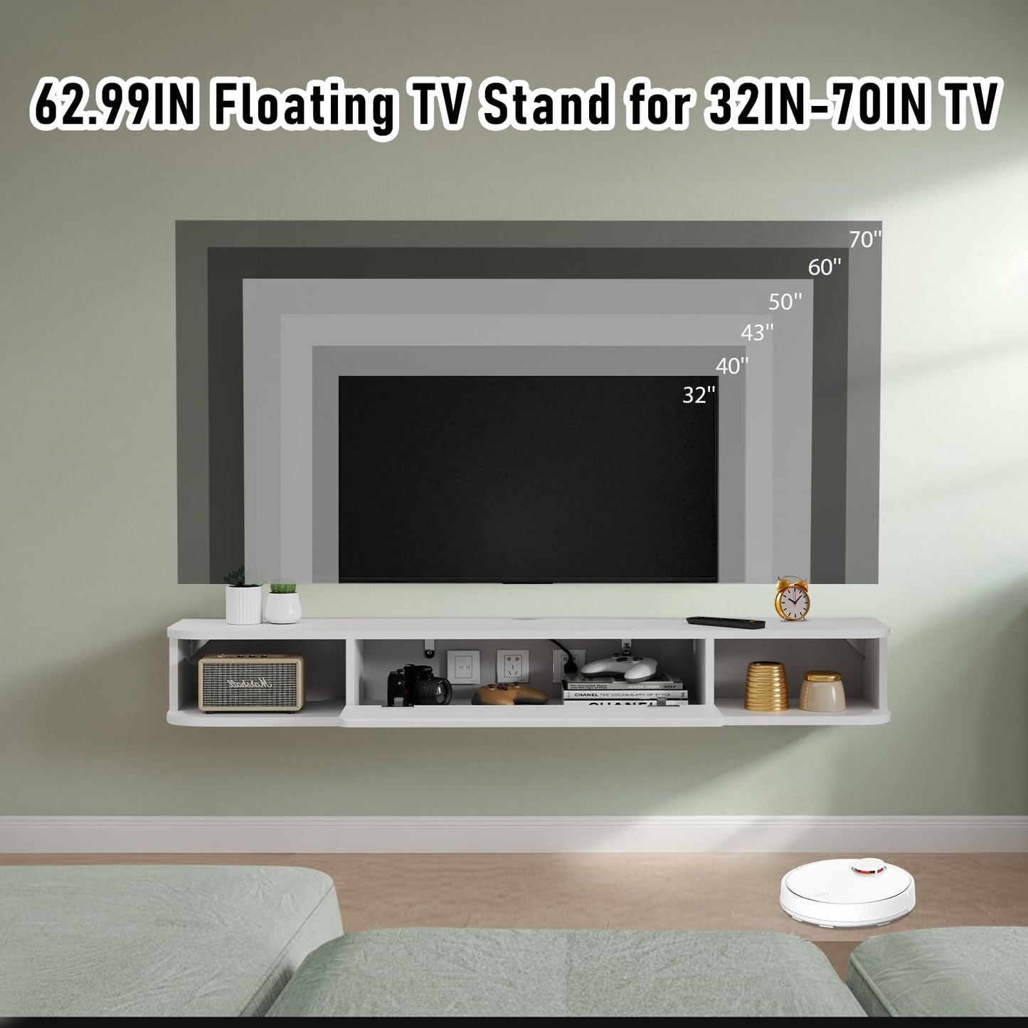 Pmnianhua Floating TV Shelf, Wall Mounted TV Cabinet, Floating Shelves with Door, Modern Entertainment Media Console Center Large Storage Under TV