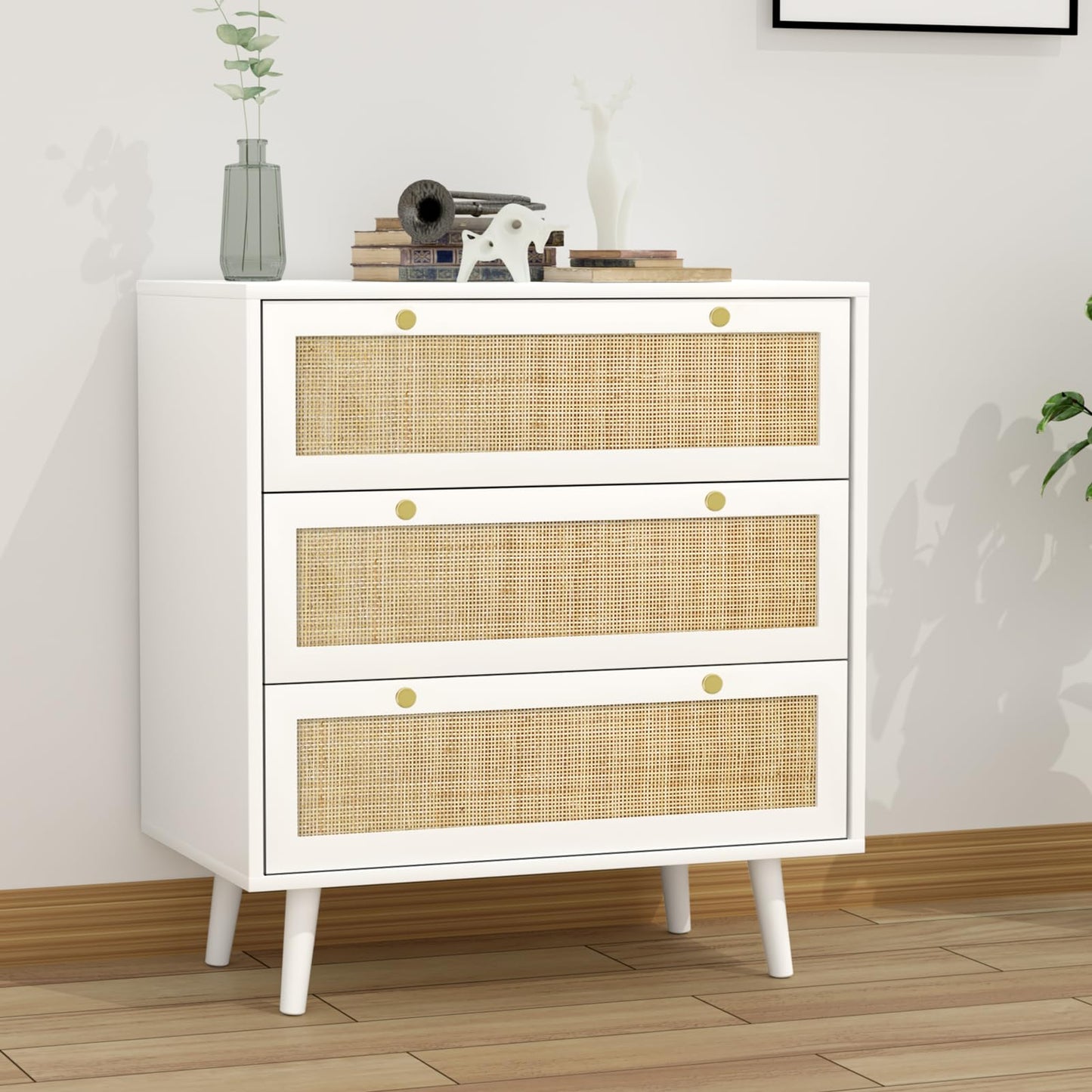 Skokliz White Chest of Drawers for Bedroom, Rattan 3 Drawer Storage Organiser Unit with Spacious Storage Cabinet Nursery Furniture, Living Room