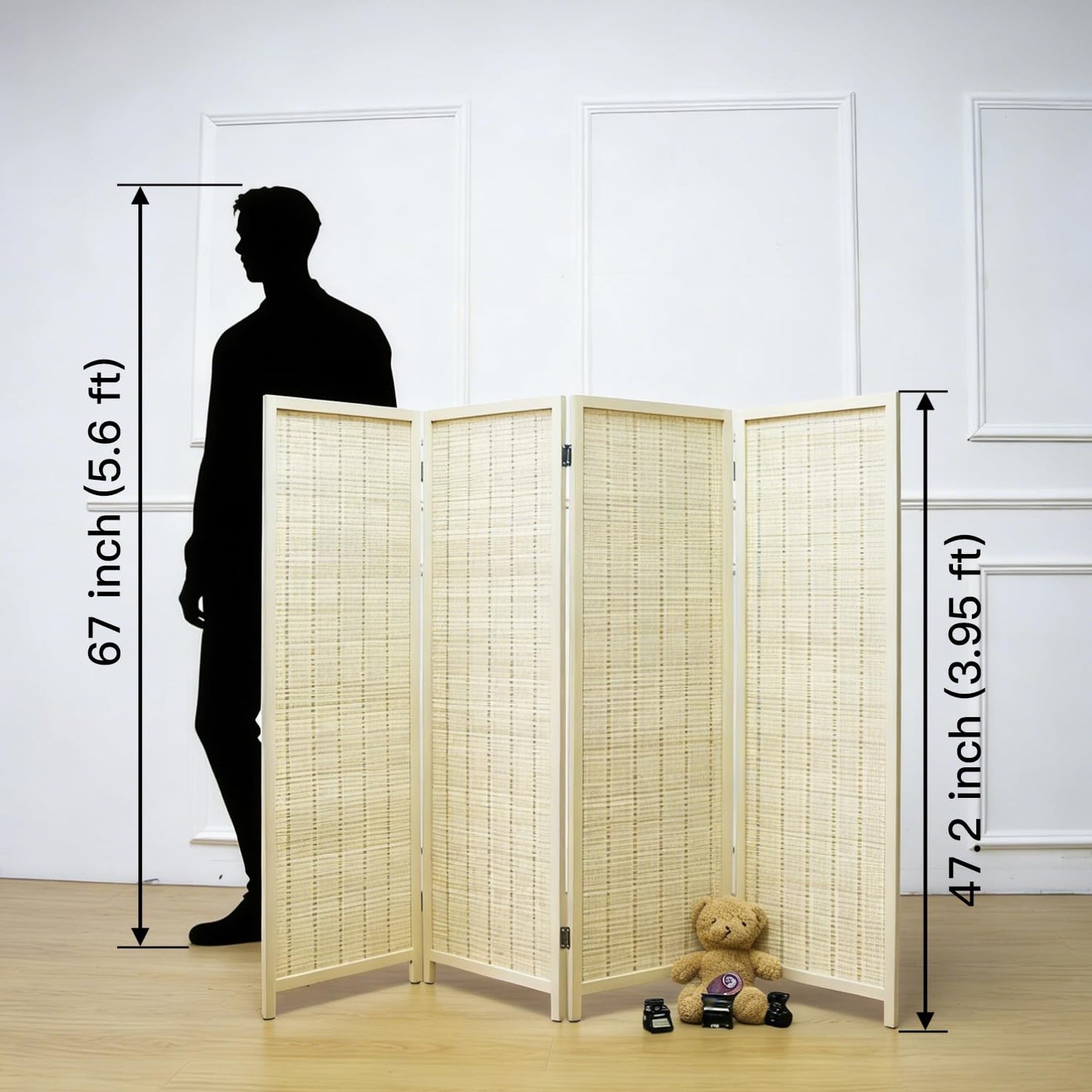 Furnnylane 4 Panel Bamboo Room Divider Short Folding Screen Divider,Double Sided Bamboo Divider Screen for Room Separation,Beige,120 cm H x 156 cm W