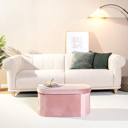 Bonlife Pink Velvet Ottoman Storage Bench with Seat,Foldable Stool Living Room Furniture,Oval Large Toy Box Storage Chest with Lid,76x38x38cm