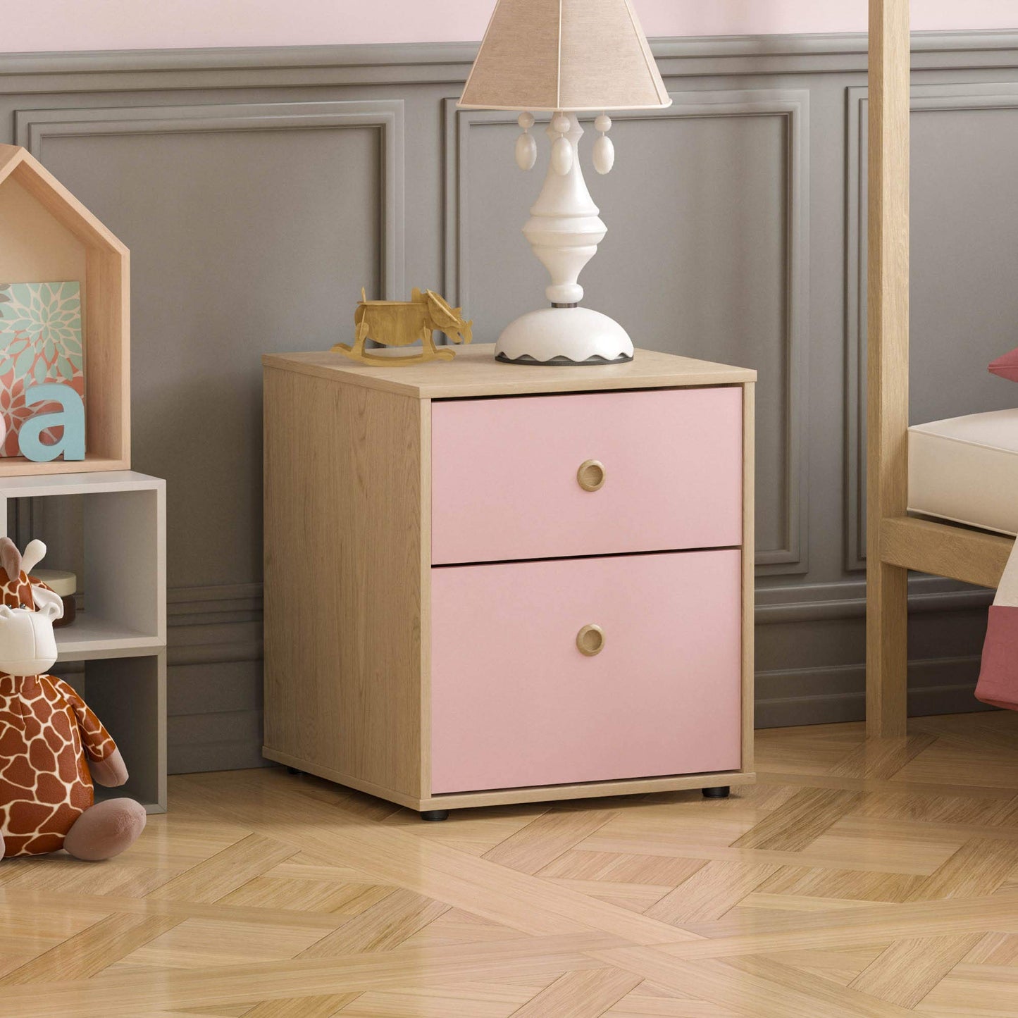 Junior Vida Neptune 2 Drawer Bedside Table Cabinet Chest of Drawers Bedroom Storage Children's Kids Furniture, Set of 2 (Pink & Oak)