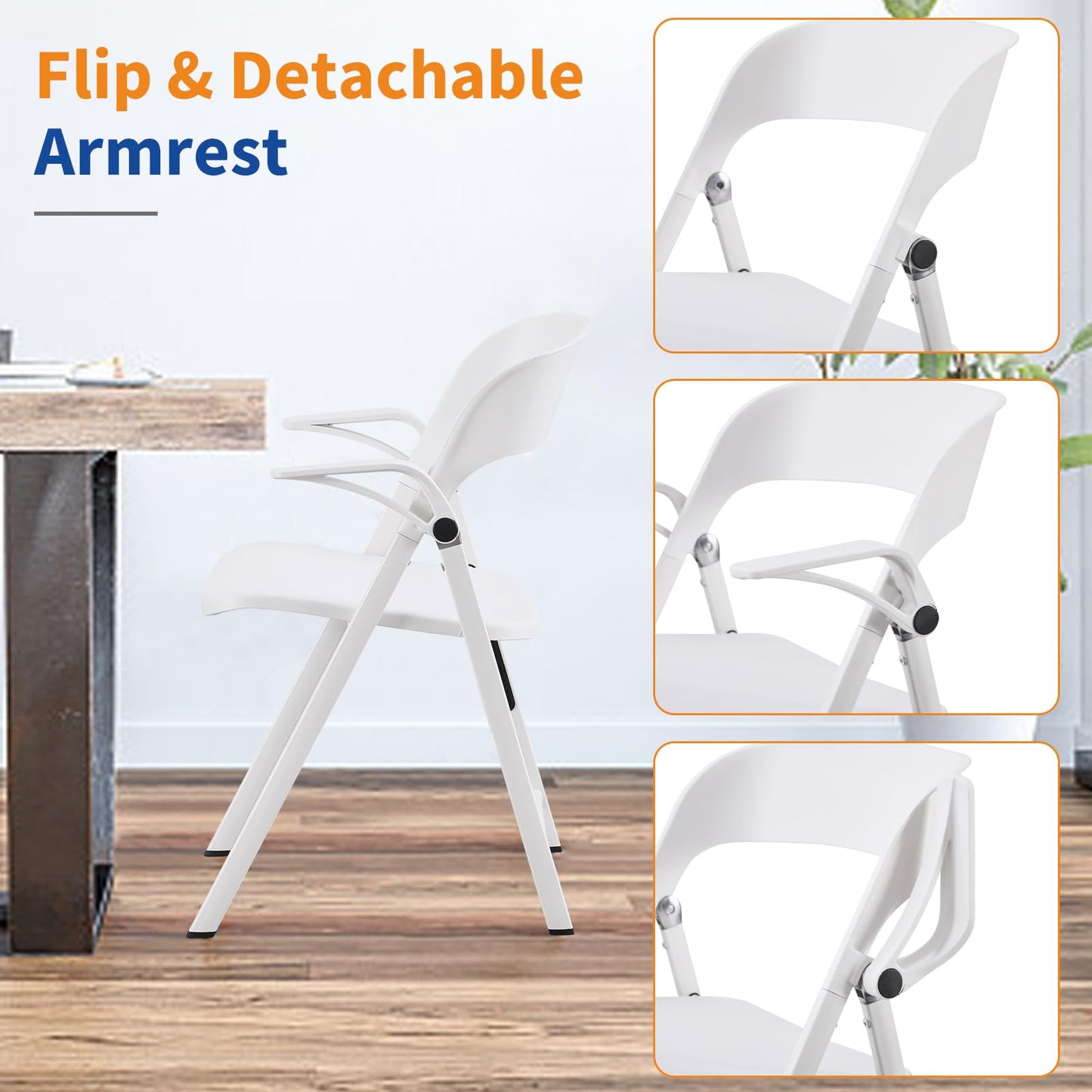 TAO ONE White Office Chair with Arms, Plastic Folding Chairs, Comfort Stackable Dining Chairs,Portable Foldable Chair with Steel Frame for Indoor