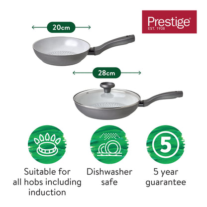 Prestige Earth Pan Ceramic Frying Pan Set Non Stick - 28cm Frying Pan with Lid & 20cm Frying Pan, Non Toxic Cookware, Induction Ready, Dishwasher
