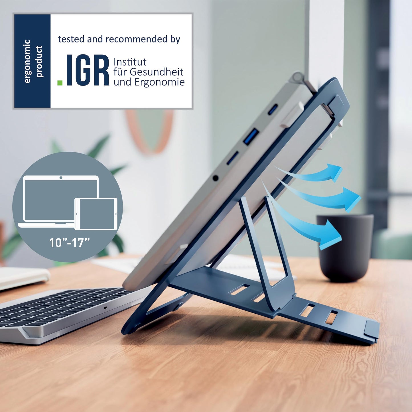 Leitz Aluminium Ultra-Flat Adjustable Laptop Stand, SlimLift Design, 5 Pre-Set Height & Angle Combinations, For 10'' - 17'' Laptops/Tablets