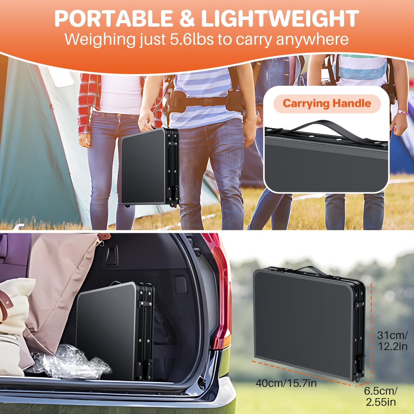 FUNYKICH Small Folding Table 2ft (60x40 cm), Max 75cm Tall Camping Tables 3 Height Adjustable
