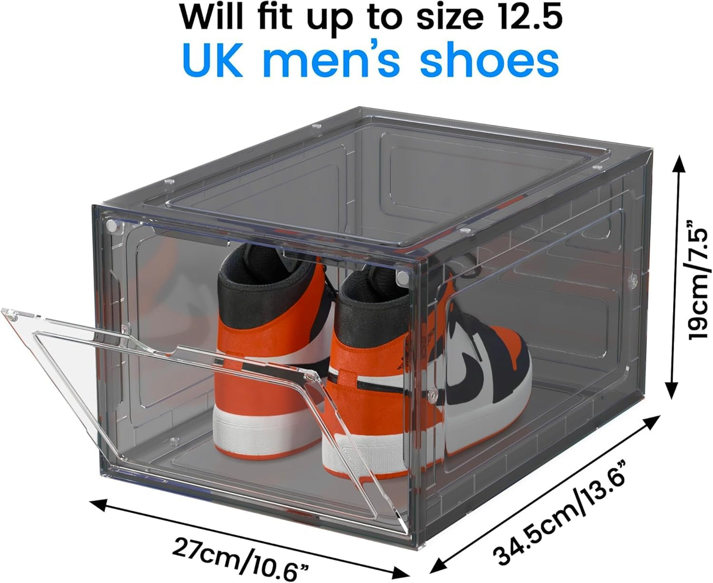 Unique Impression 8 Pack Grey Stackable Shoe Storage Boxes - Plastic Trainer Storage Boxes - Transparent Shoe Display Containers