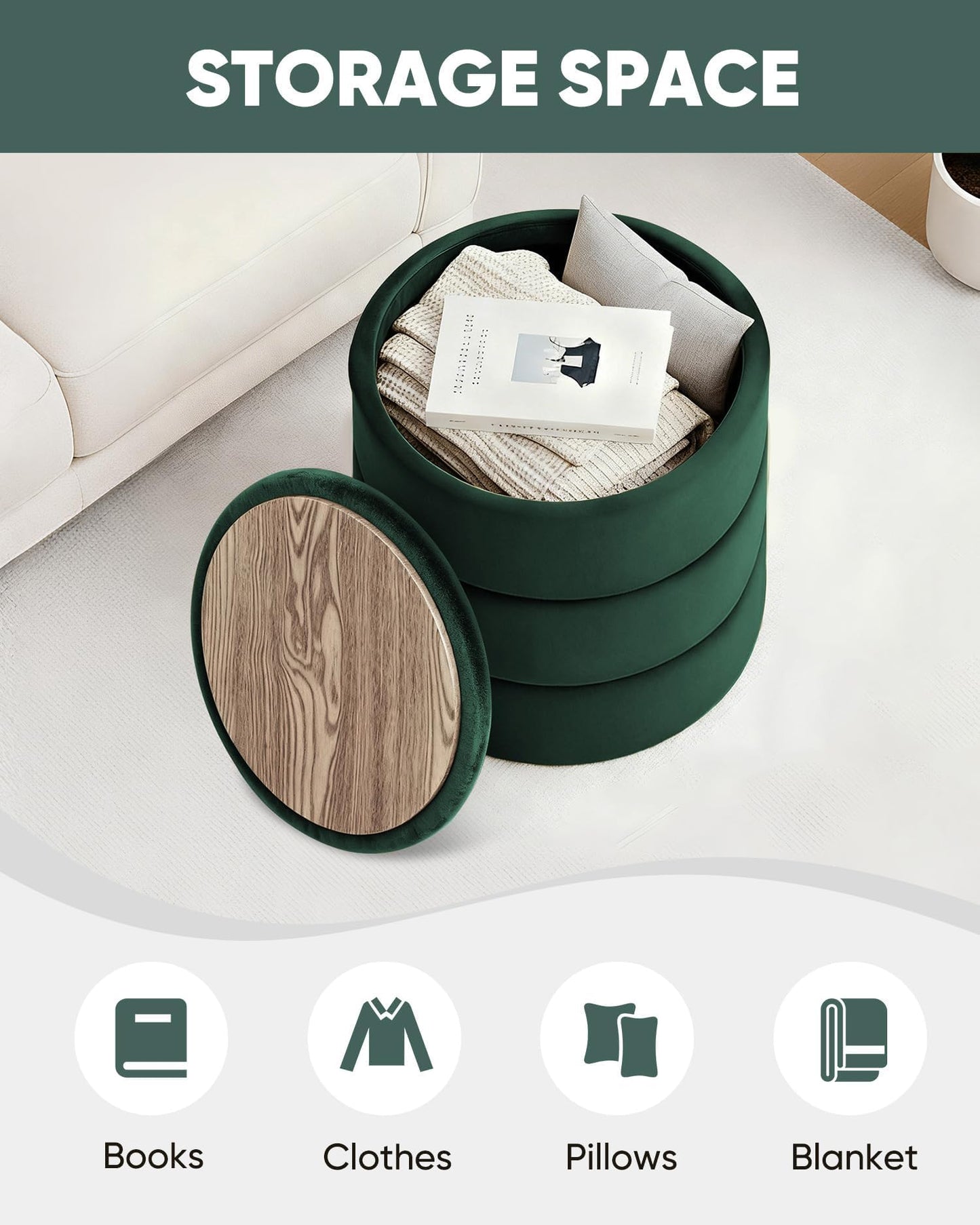 Bonlife Storage Ottoman Round - Folding Foot Rest with Hidden Storage, Bottle Green Velvet 39x39x37cm for Living Room, Bedroom & Hallway