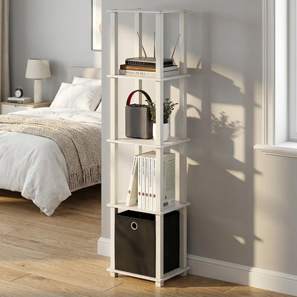 Furinno TURN-N-TUBE Book Shelf, 5-Tier Square Open Frame Display Shelf, Corner Storage Shelves with Storage Bin, Shelving Unit, for Organization