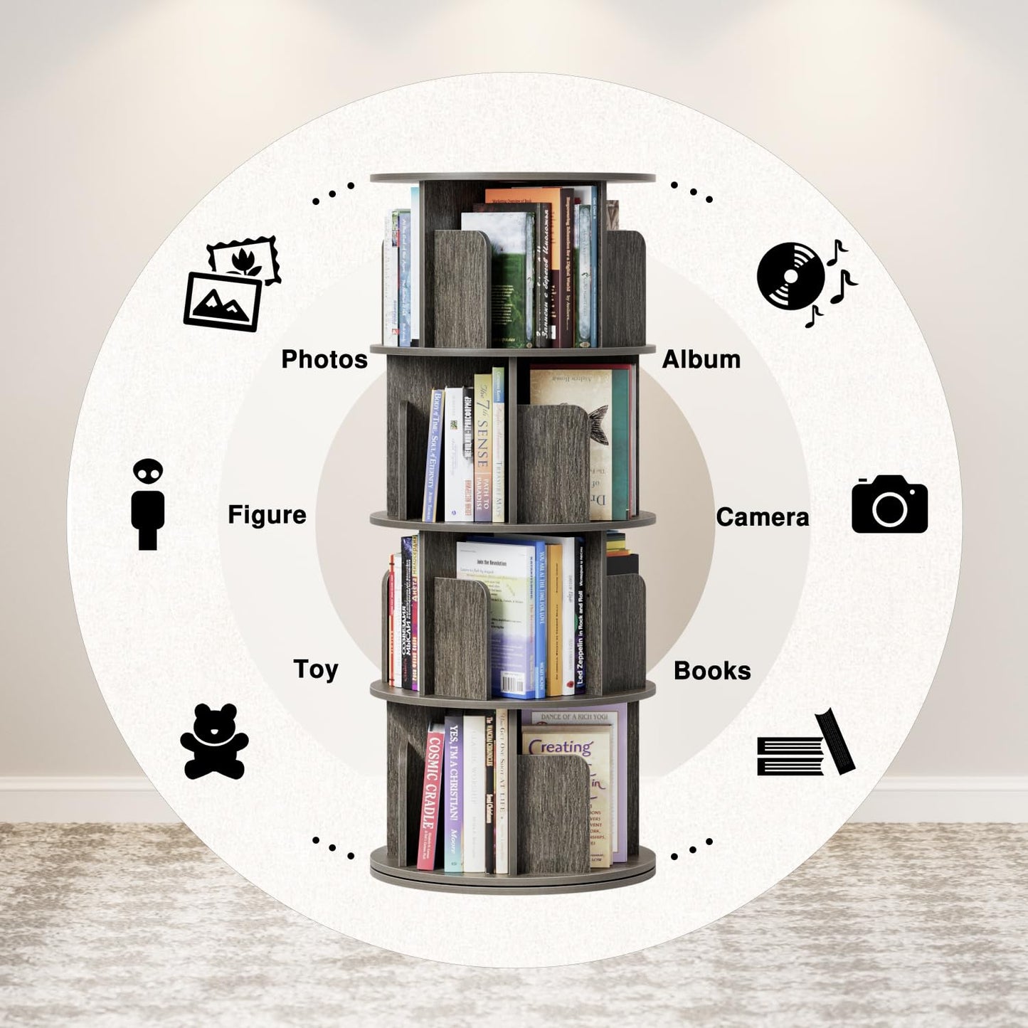 APPOLYN 4 Tier Rotating Bookshelf, 360 Display Spinning Bookcase, Black Oak