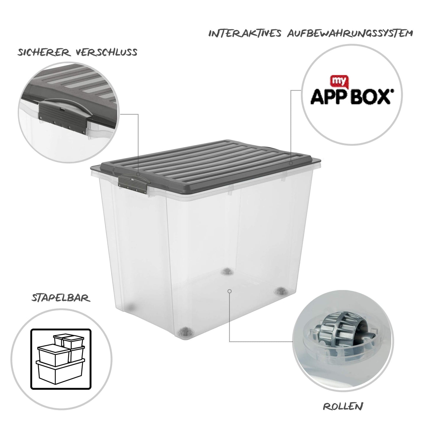 Rotho Compact Set of 3 Storage Boxes with Lid and Castors 70 Litre, Plastic (PP) BPA-free, Anthracite/Transparent, 3 x 70 Litre