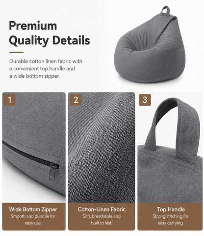 Highdi Large Bean Bag Without Fillings - Cotton Linen Durable & Comfortable, Grey Storage Bean Bag Chair for Living Room/Bedroom/Gaming Room