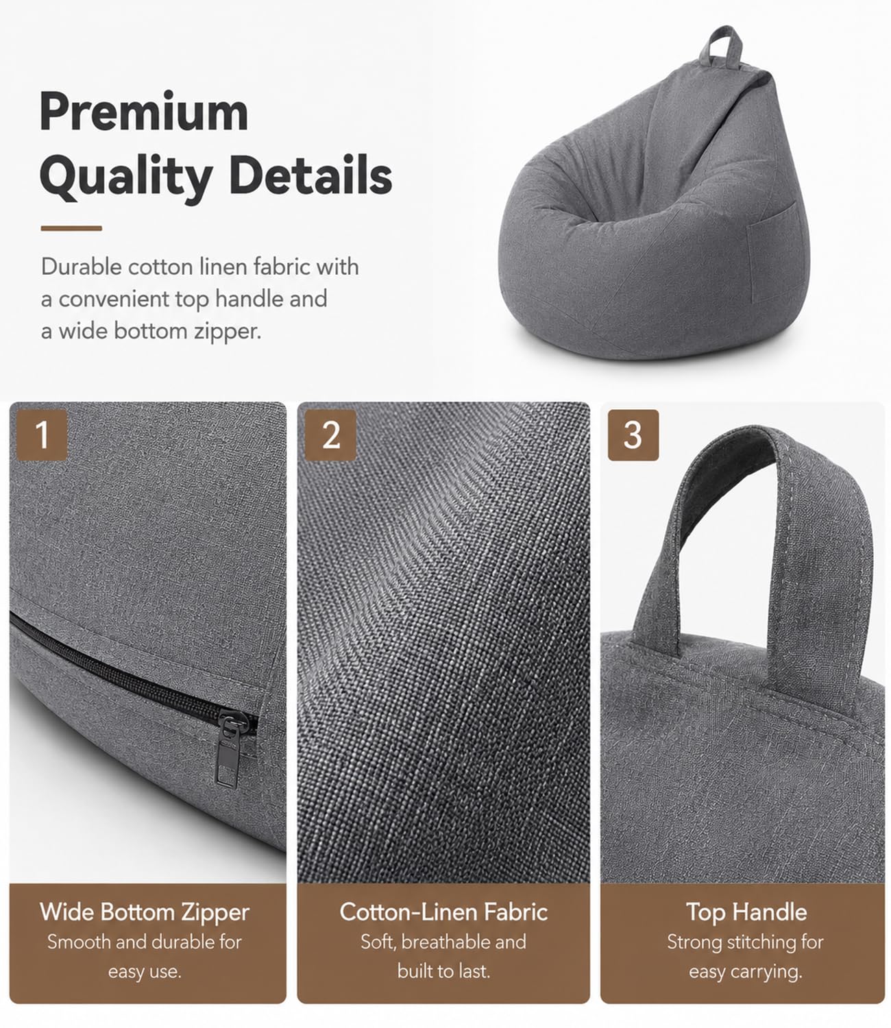 Highdi Kids Bean Bag Without Fillings - Cotton Linen Durable & Comfortable, Grey Storage Bean Bag Chair for Living Room/Gaming Room