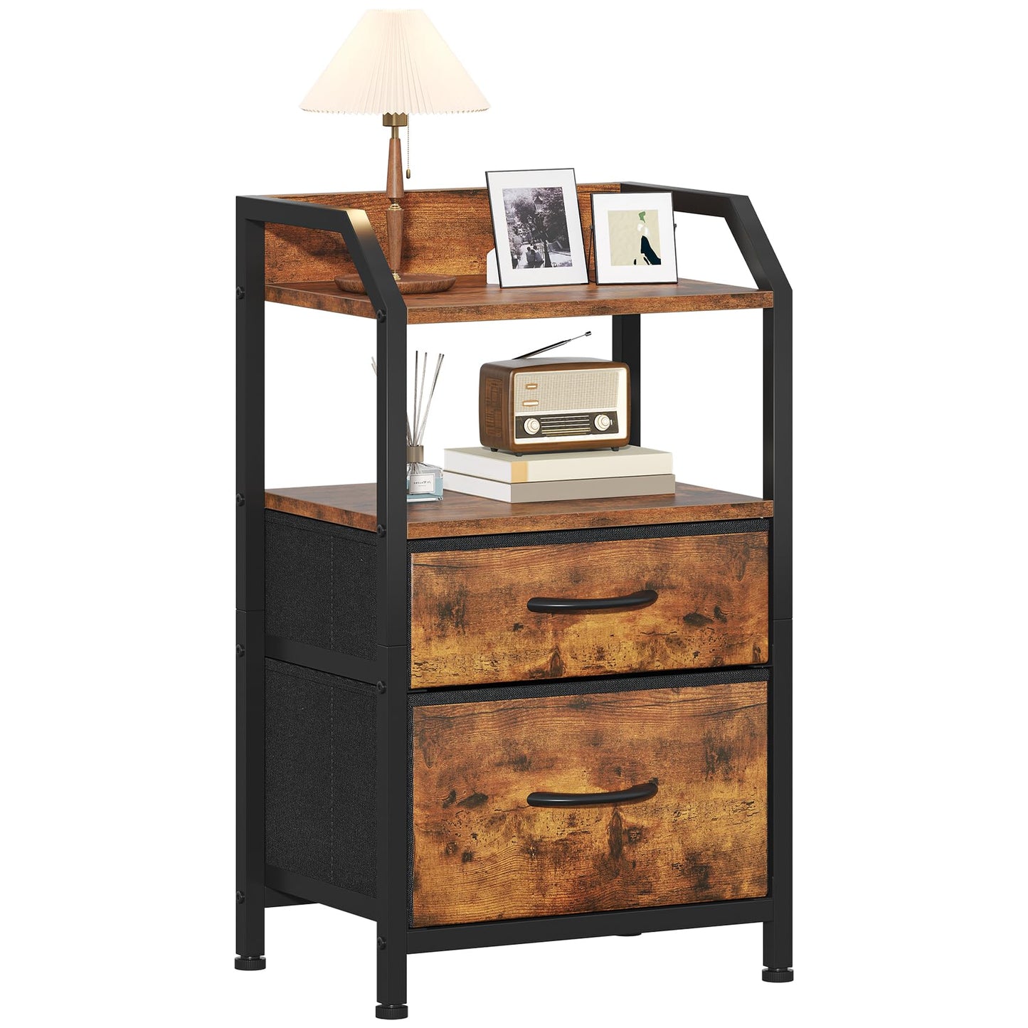 Feonase Bedside Table with 2 Fabric Drawers & Open Shelf - Sturdy Metal Frame Nightstand, Compact End Table for Bedroom, Living Room, Small Spaces