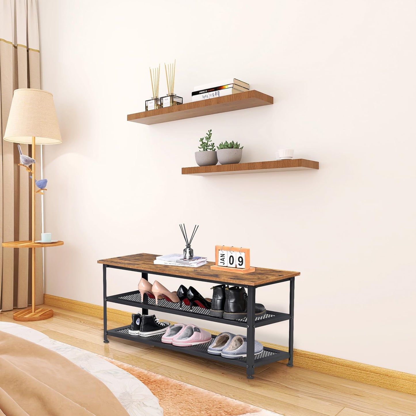 H JINHUI Shoe Bench, Industrial Shoe Rack with Mesh Shelves, 100 x 38 x 45 cm Storage Organiser Shelf, Steel Structure, for Living Room, Bedroom
