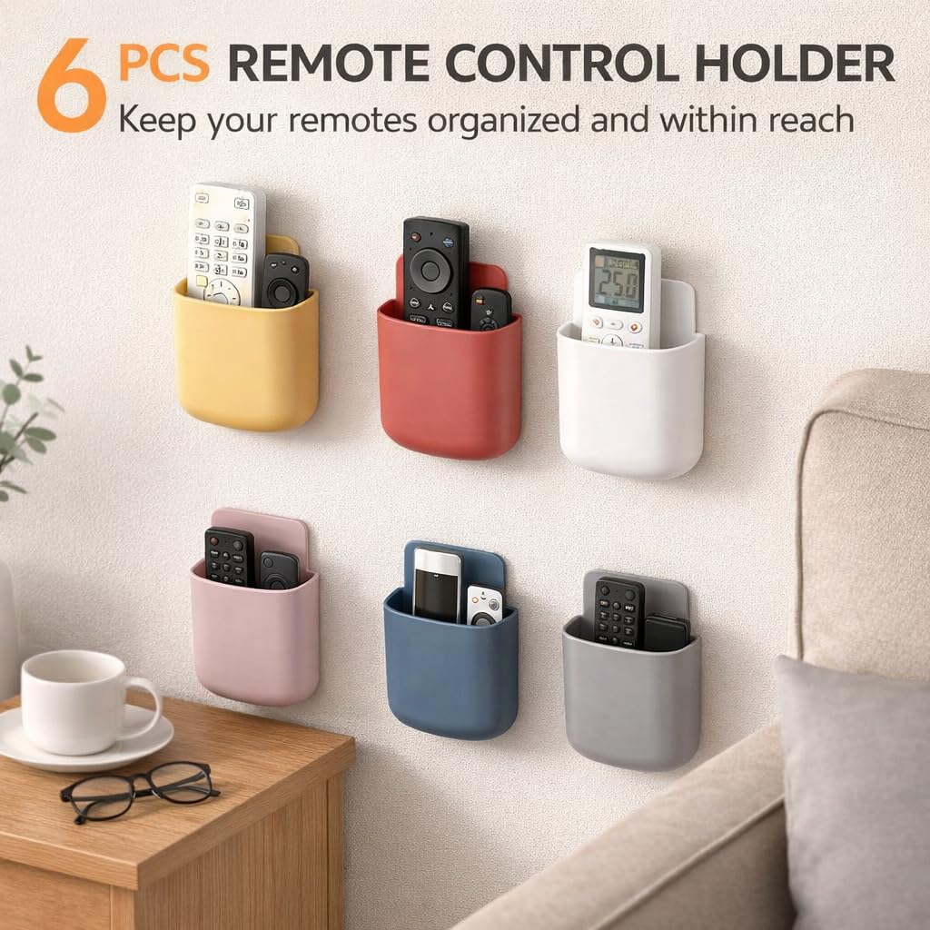 6Pcs Remote Control Holder Wall Mounted, Self Adhesive Remote Control Organiser, No Drill Wall Storage Box with Charging Port, for Phone, Pen, Power