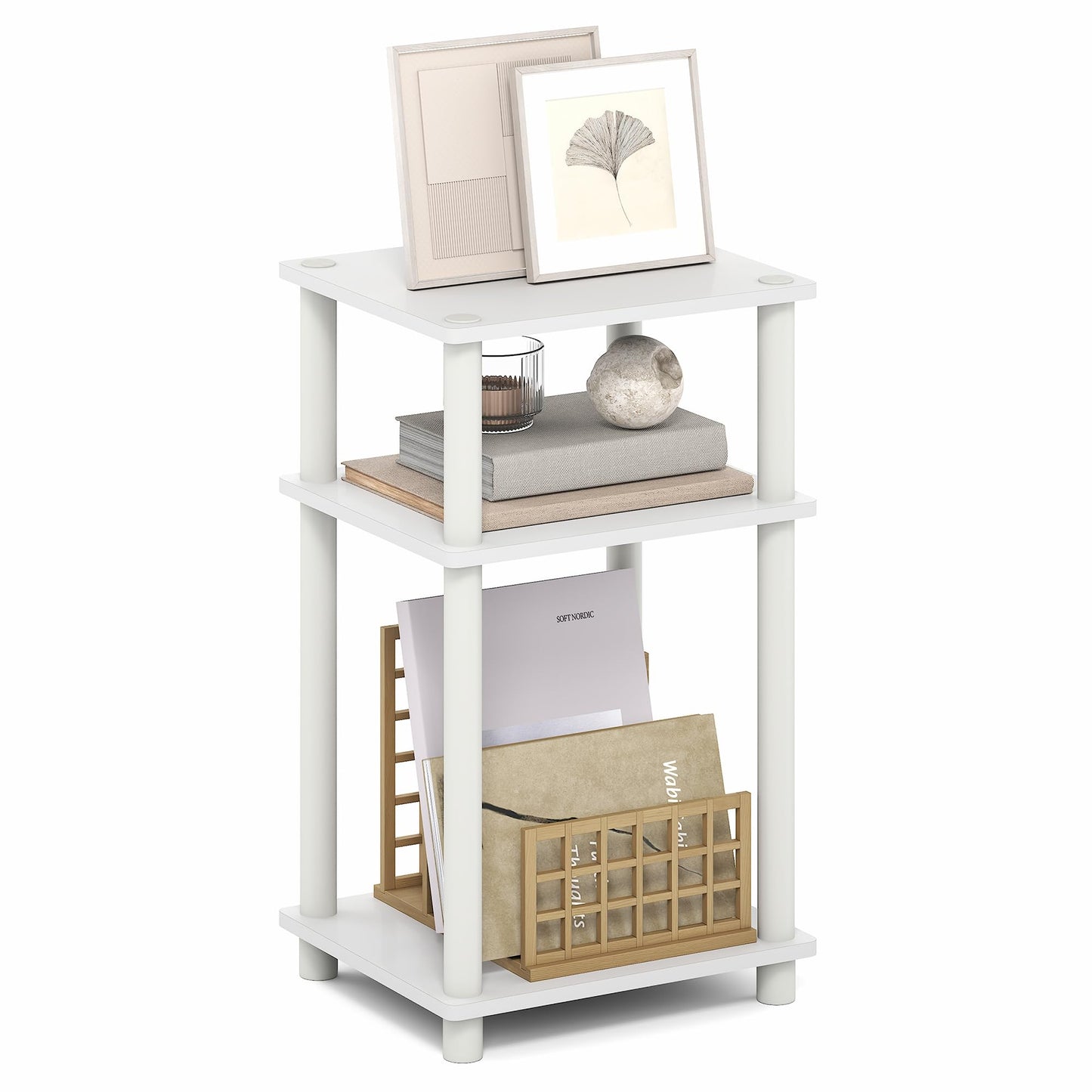 Furinno TURN-N-TUBE Side Table, 3-Tier End Table, Night Stand, Bedside Table, for Living Room, Bedroom, White