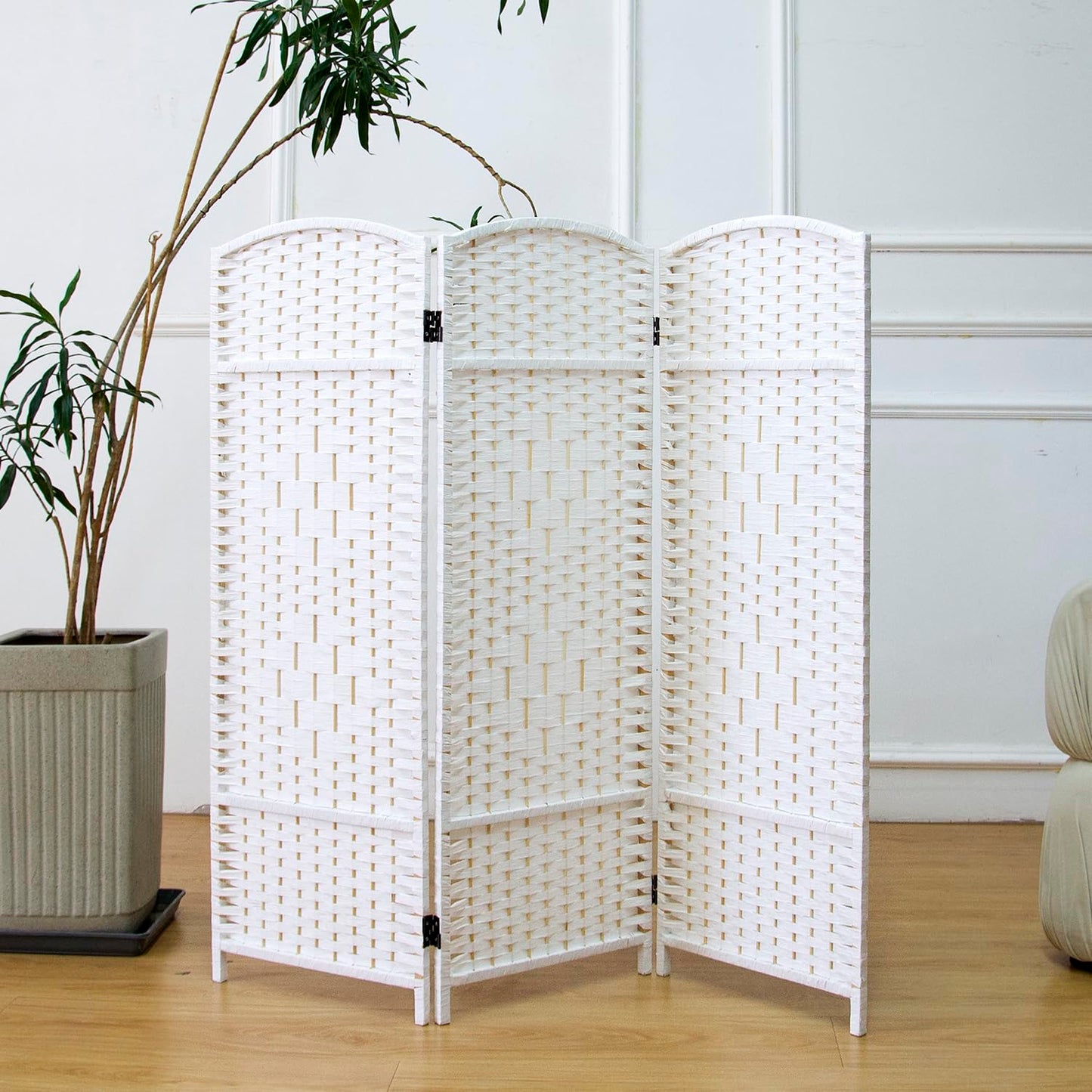 Furnnylane 3 Panel White Rattan Divider Short Room Partition Screen,Double Sided Short Folding Divider for Room Separation,120 cm Tall