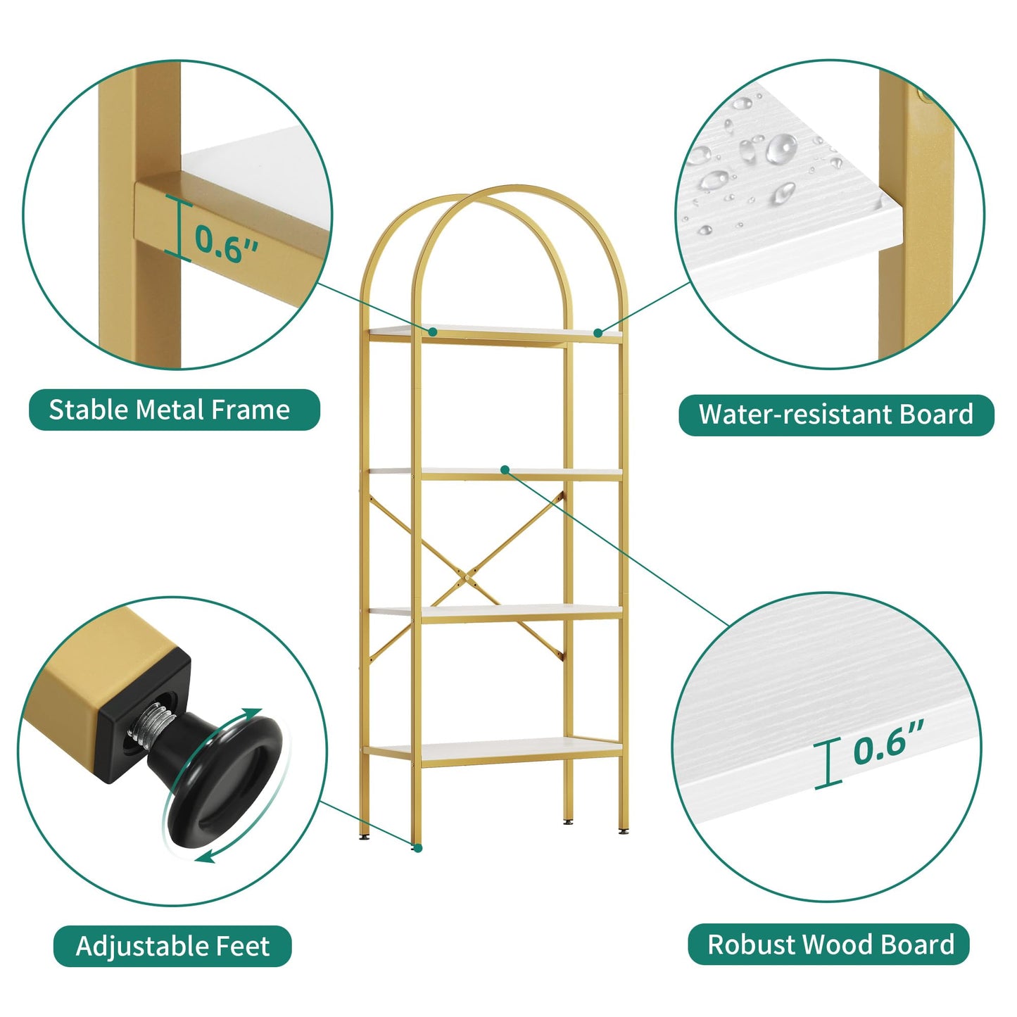 YITAHOME 4 Tier Arch Bookcase, Domed Freestanding Storage Shelf for Living Room, Bedroom, Study, White & Gold, 60x30x181.4 CM
