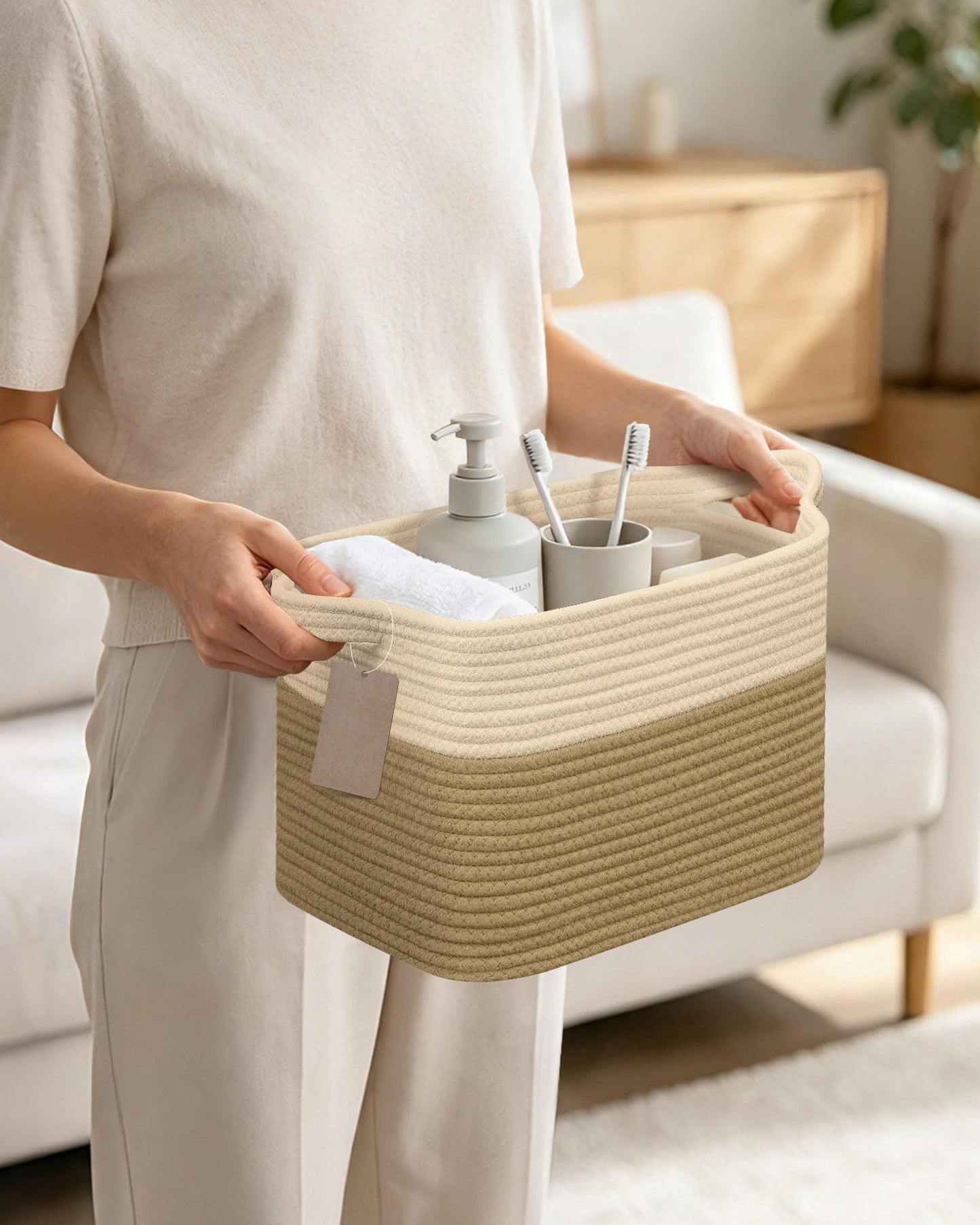 JOJOSEE Small Cotton Woven Storage Basket for Shelves, Beige&Brown, 3PCS