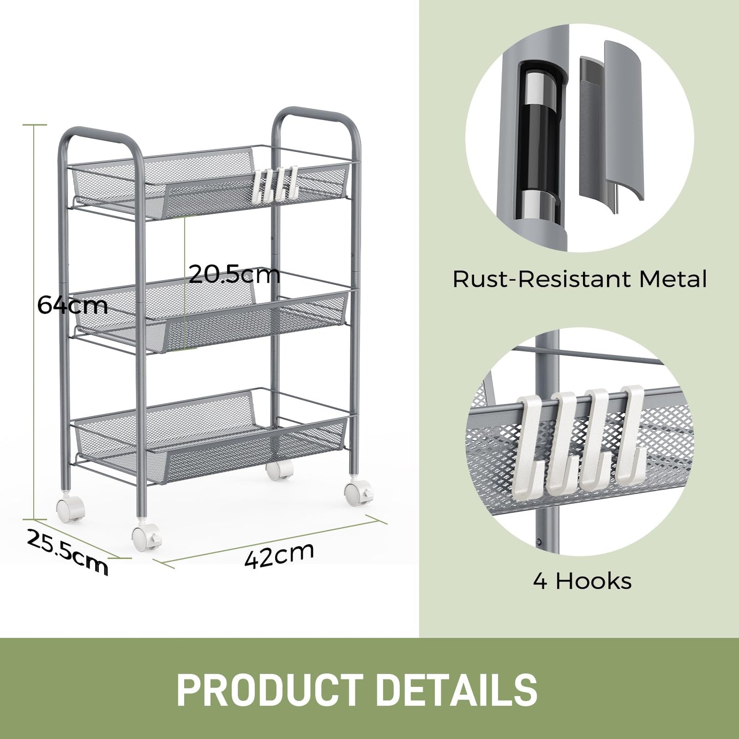 WELDUN 3-Tier Storage Trolley, Meatl Rolling Cart, Mesh Storage Cart Gray