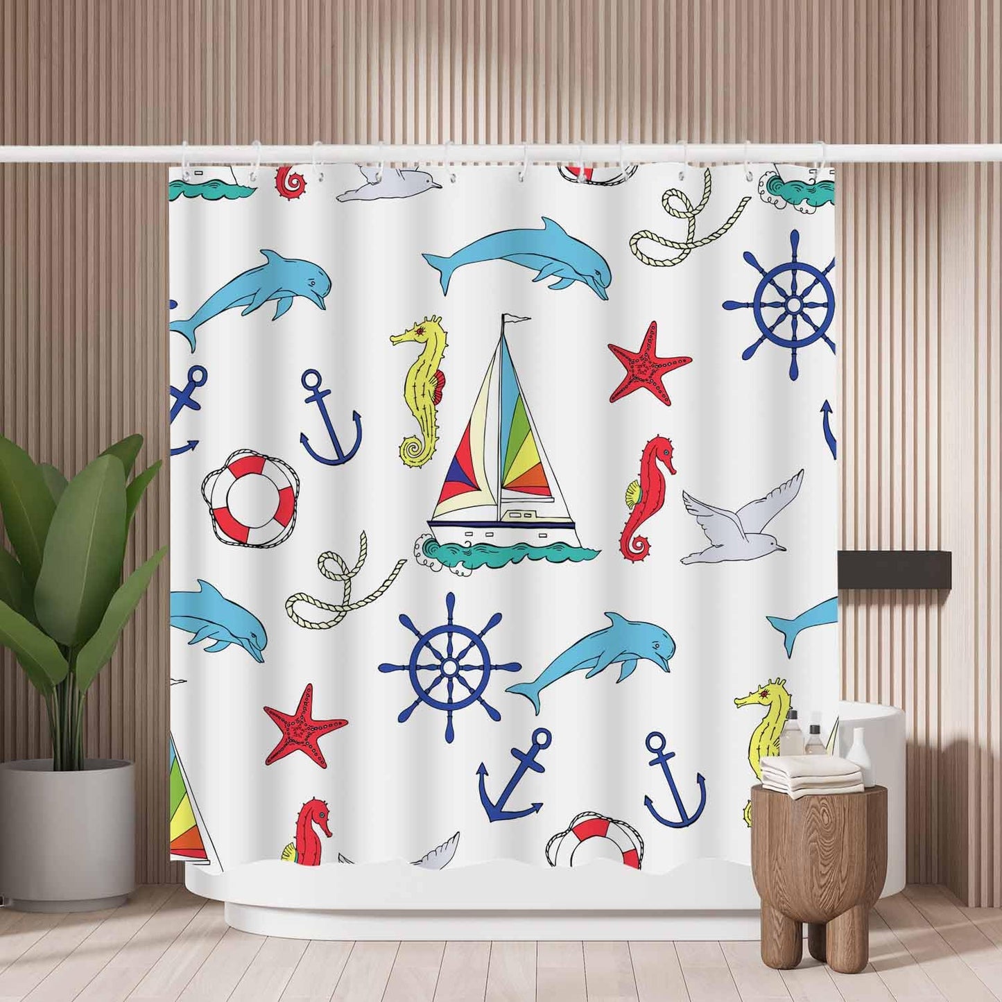 Woutay Shower Curtain Water Repellant Fabric Hand Drawn Nautical Elements,Mould Proof Resistant,Polyester,with 12 Plastic Hooks