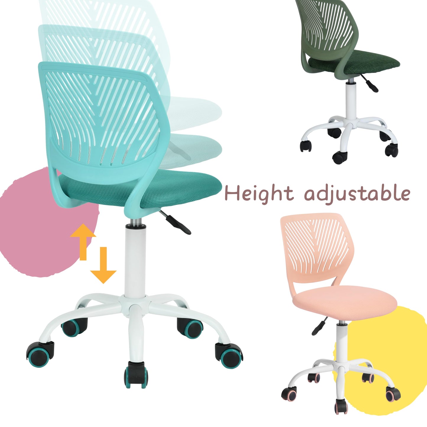 FurnitureR Small Video Game Chair, Ergonomic Desk Chair without Armrests, Compact Swivel Chair with Seat Height Adjustment and Quiet Rubber Wheels