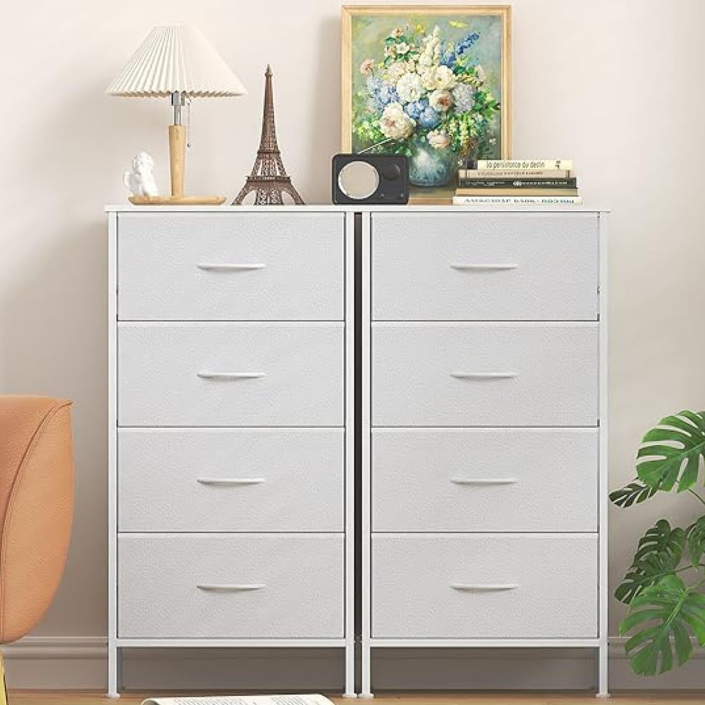 Feonase Chest of Drawers with 4 Fabric Drawers, Large Bedroom Dresser with Wooden Top & Sturdy Metal Frame, Tall Storage Organizer Unit for Bedroom