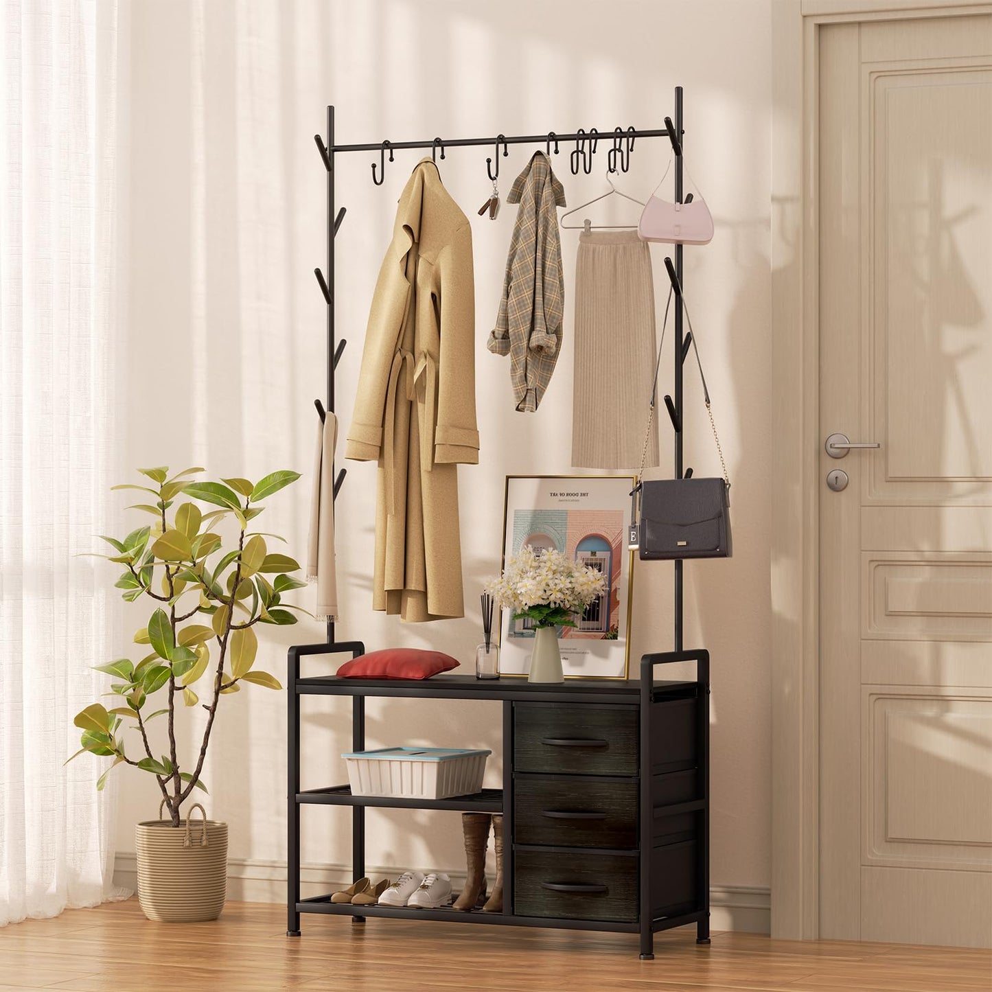 Free Standing Coat Rack Rustic Hall Tree 33"x12"x69.3" Black Wood Veins