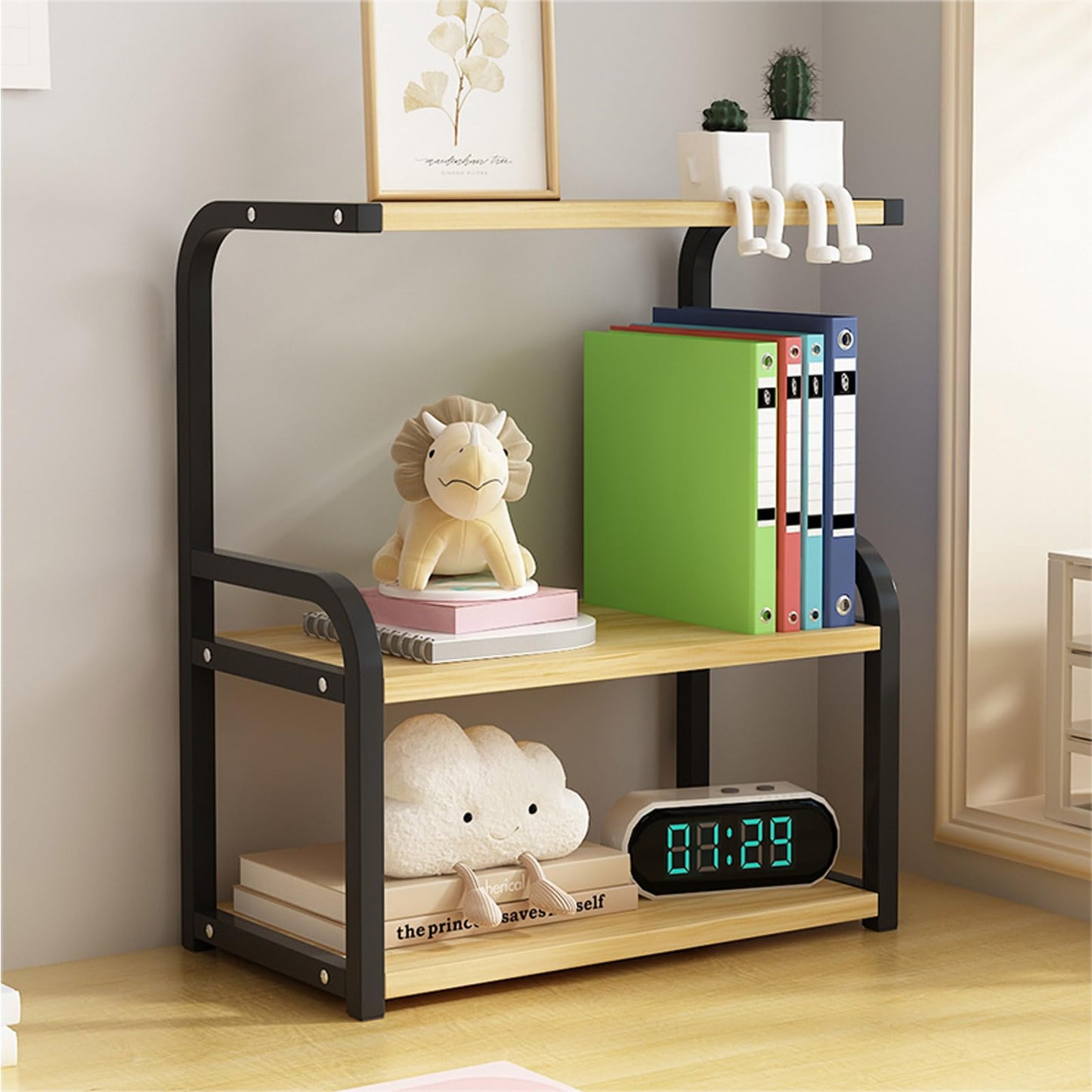 Numjeg Wood Desktop Bookshelf 3-Tier Rack Black Metal Frame Supplies Storage Bookcase Suitable Office Desk Shelf Organizer Shelf for Top of Desk and