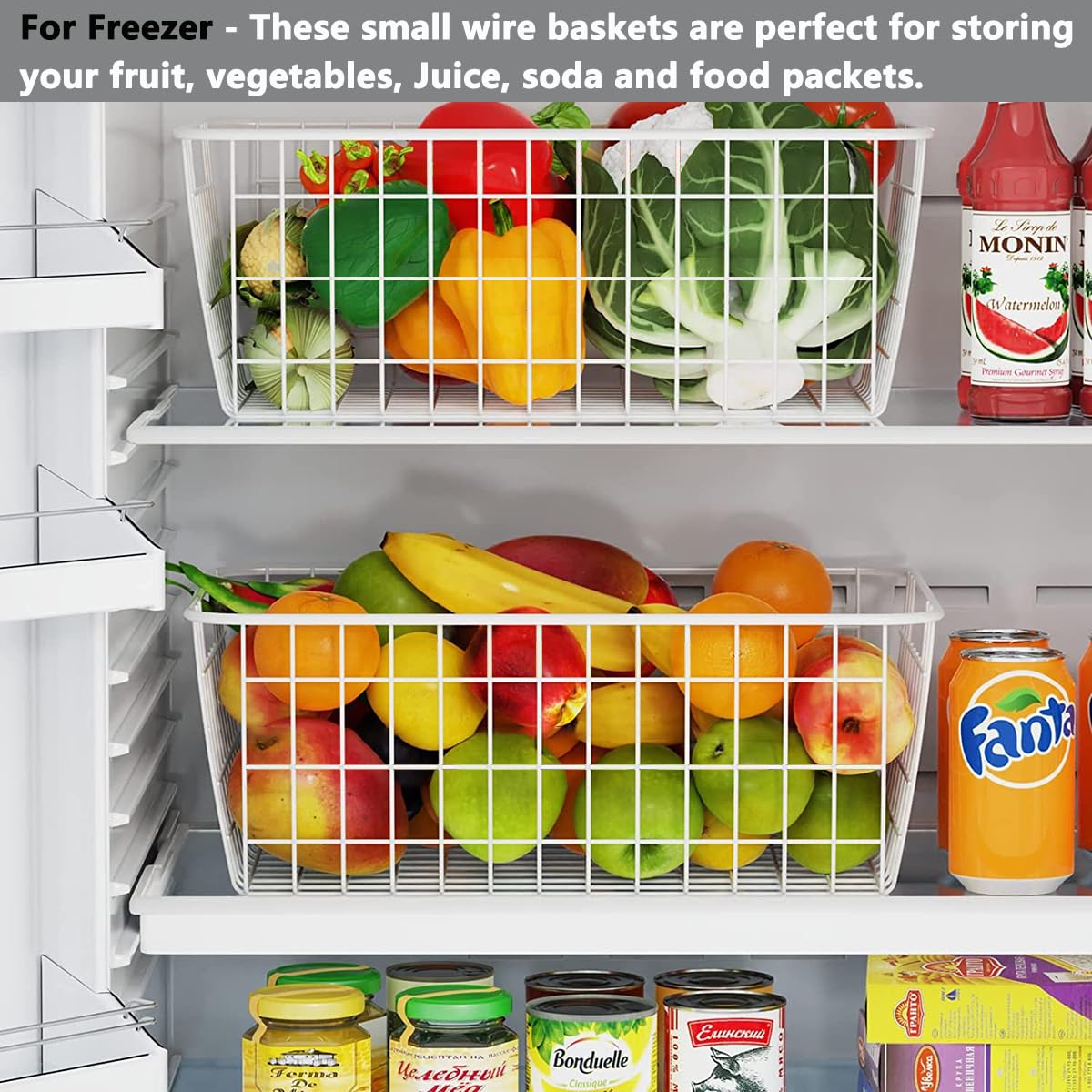 LOSYHU 4 Pack White Wire Storage Baskets, Wire Basket for Pantry Organizer Storage, Metal Storage Baskets Small Chest Freezer Baskets for Shelves