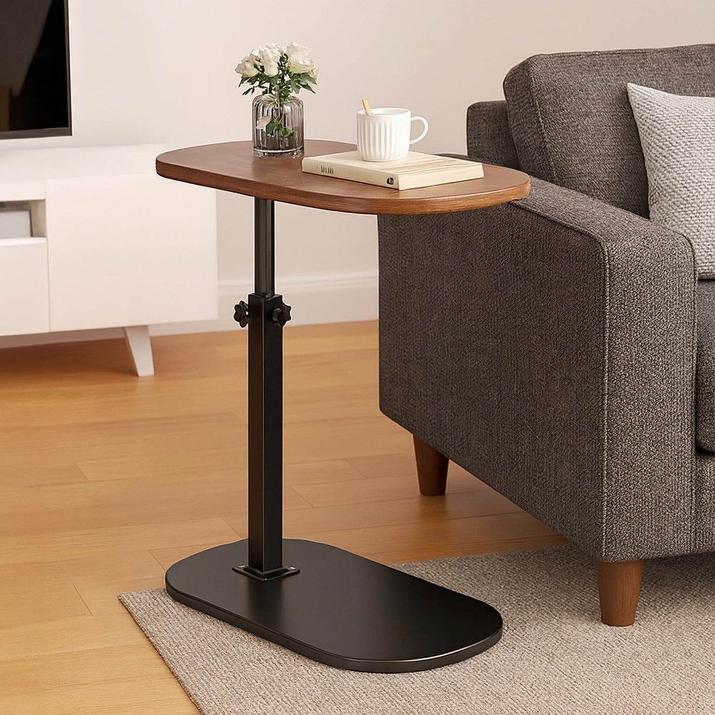 Packool Adjustable C Shaped Sofa Side Table, Swivel End Table for Couch, Modern Mini Table with Wooden Top, Height Adjustable from 45cm to 80cm