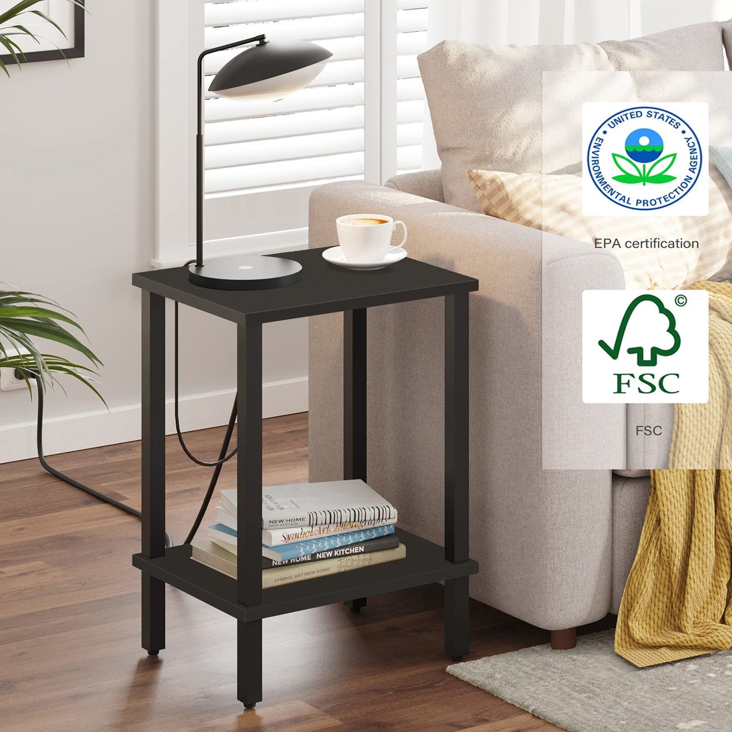 TUTOTAK Side Table, Set of 2, Bedside Table, Night stand, 2-Tier Storage Shelf, End Table for Small Space, Living Room, Bed Room, Black V1TB01BK035EU