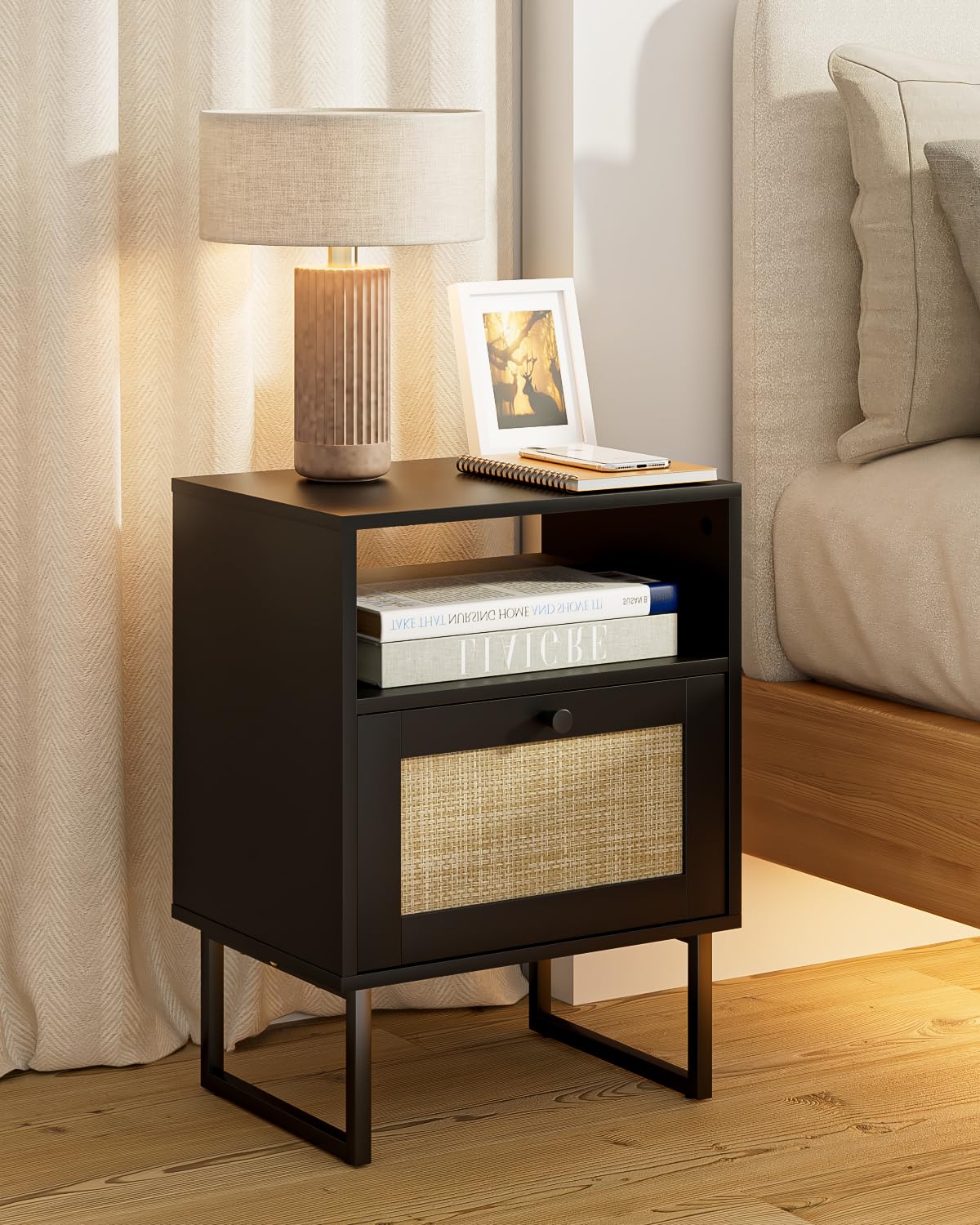 HEYZOEY Boho Bedside Table, Small Rattan Night Stand, Wood Nightstand with Drawer and Black Oak Shelf, Side Table, End Table for Bedroom,Living