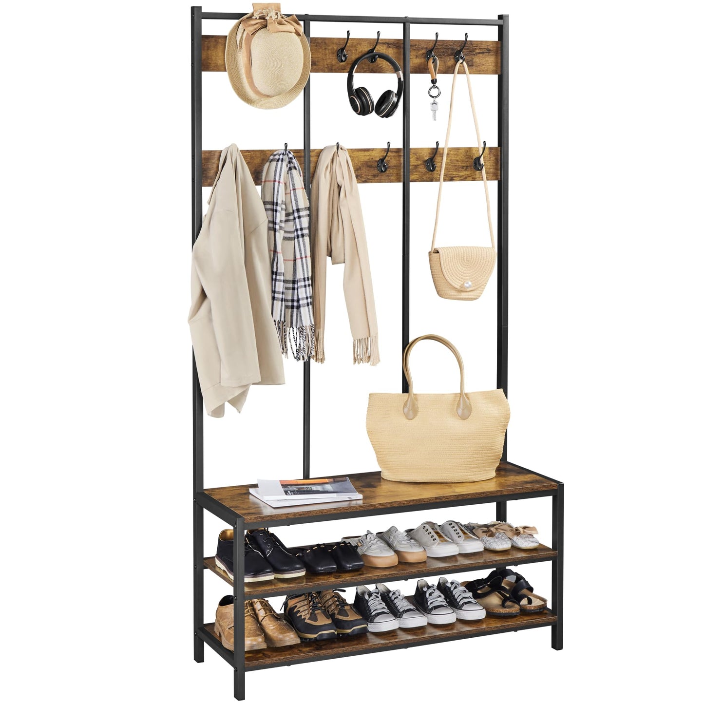 Yaheetech 3-in-1 Hall Tree Coat Rack with Shoe Bench & 24 Hooks, Brown