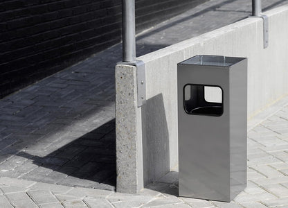 Durable Metal Square Waste Bin Silver With Ashtray Top - Bin Capacity 17 Litres - Ashtray Capacity 2 Litres - Ideal for Sheltered Outdoor Areas