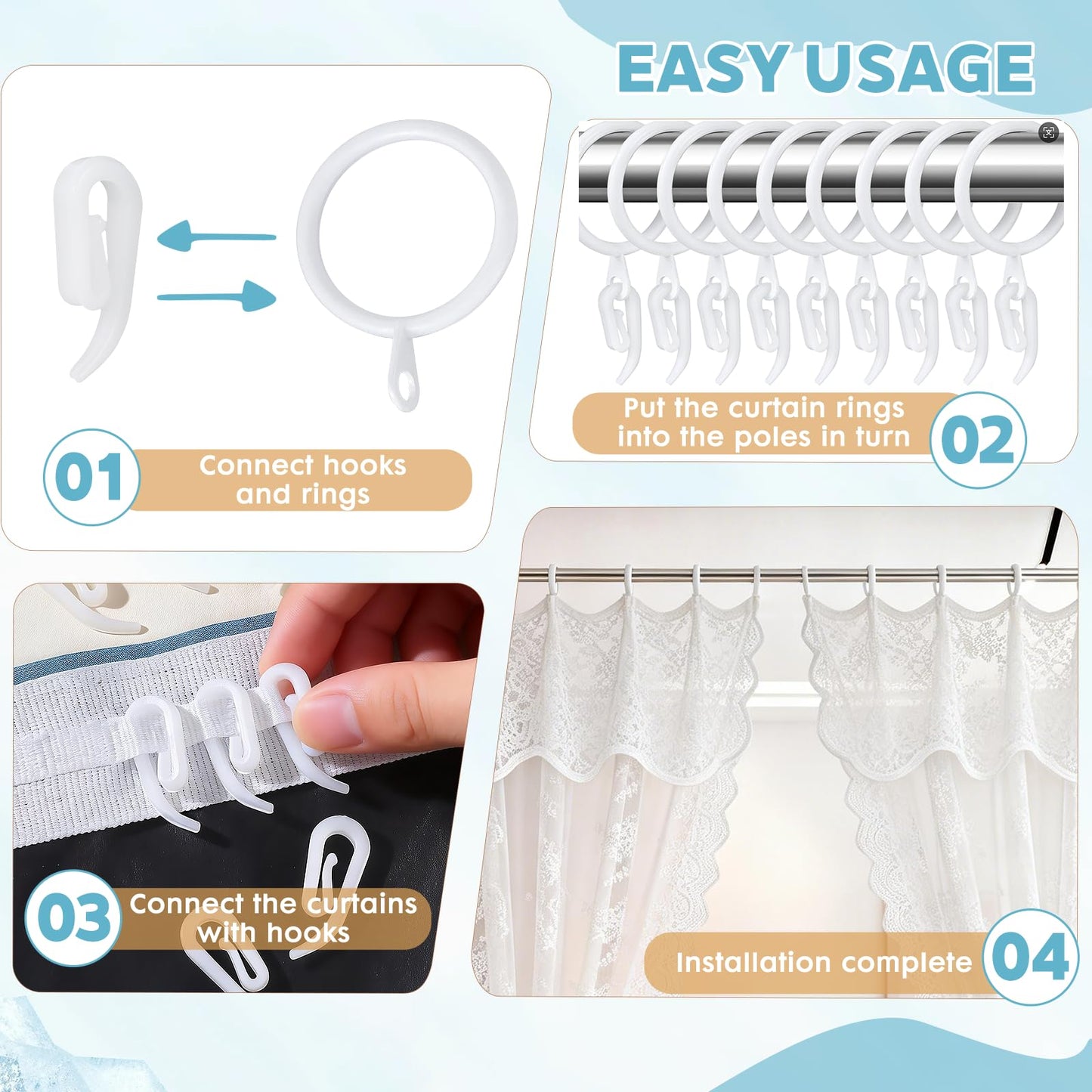 Plastic Curtain Hooks 50 Pieces for curtains (white,12x28mm)