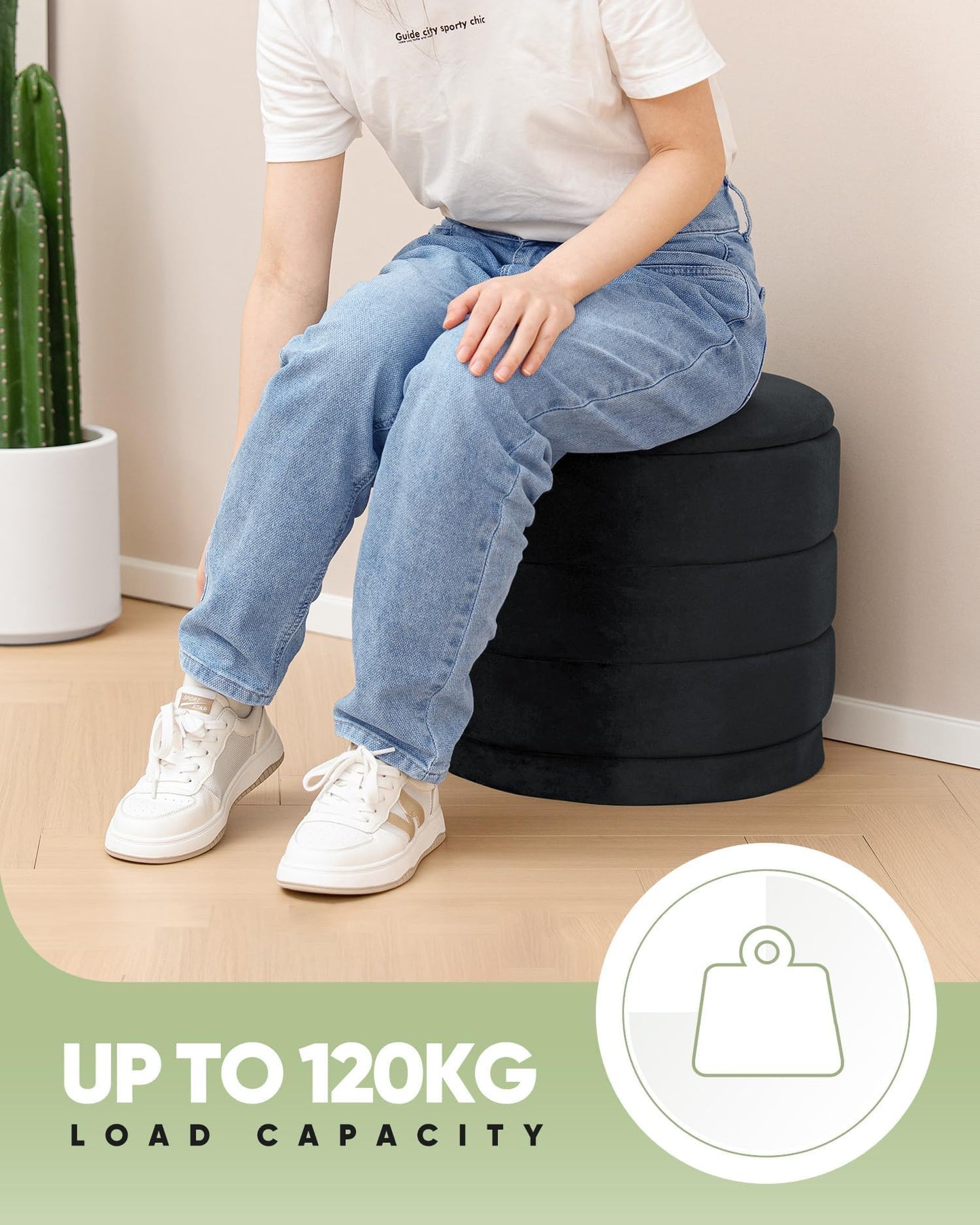 Bonlife Storage Ottoman Round - Folding Foot Rest with Hidden Storage, Black Velvet 39x39x37cm for Living Room, Bedroom & Hallway