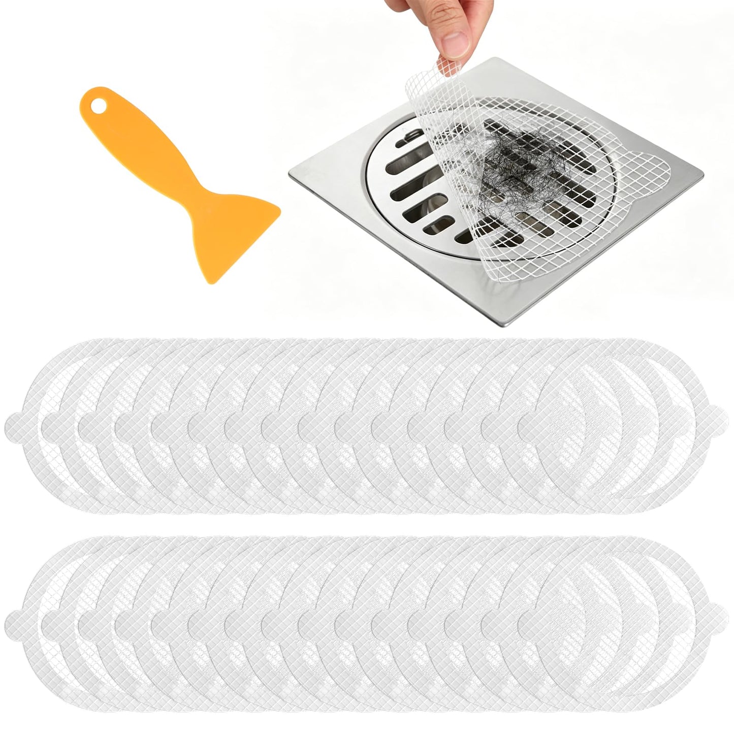 30 Pcs Drain Hair Catcher Stickers, 11 cm Circular Bath Hair Catcher Stickers with Plastic Spatula, Adhesive Shower, Shower Drain Hair Trap