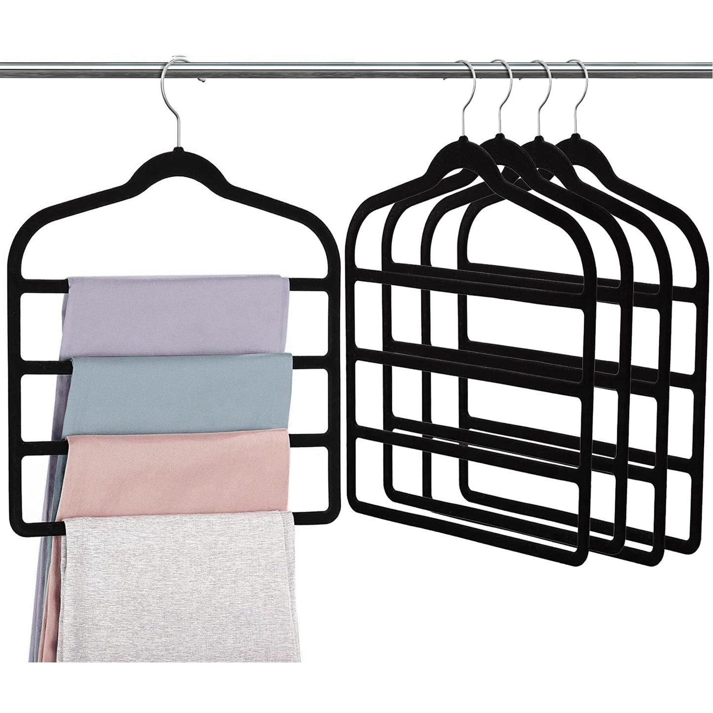 5 Pcs Velvet Trouser Hangers - 4-Layer Space Saving, Non Slip for Jeans, Trousers, Leggings, Tie, Scarf and Towel