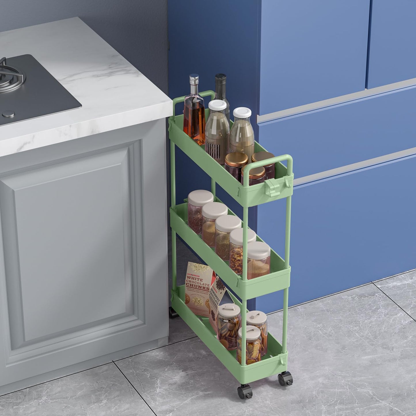 SOLEJAZZ 3-Tier Storage Trolley Cart Slide-out Slim Rolling Utility Cart Mobile Storage Shelving Organizer for Kitchen, Bathroom, Laundry Room