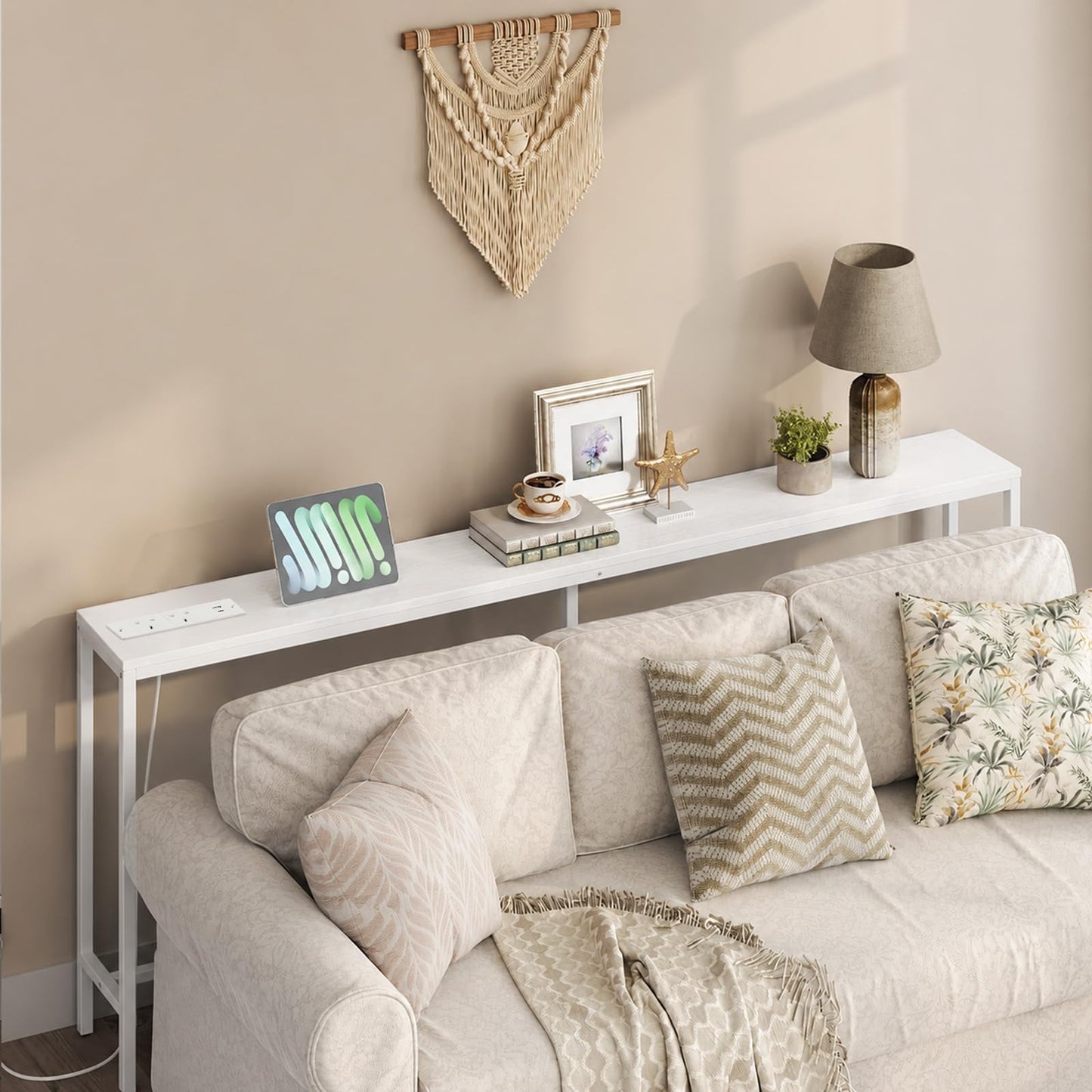 MAHANCRIS Console Table with Power Outlet, 200 cm Narrow Sofa Table, Industrial Entryway Table with USB Ports, Behind Couch for Entryway, Hallway