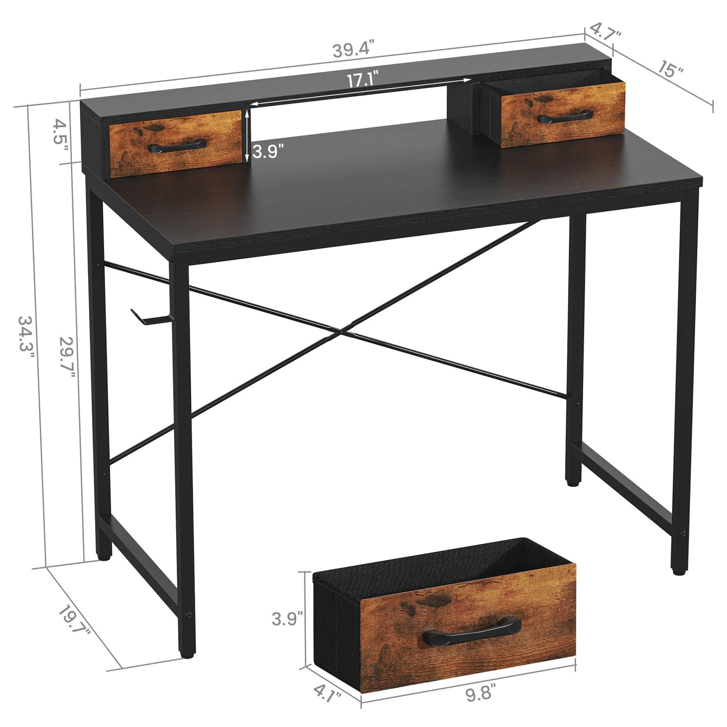 Feonase Industrial-Style Computer Desk with Elevated Monitor Riser & Dual Drawers – 100cm Wide MDF Desktop for Home Office