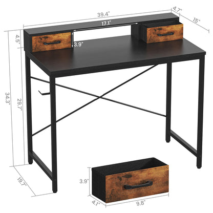 Feonase Industrial-Style Computer Desk with Elevated Monitor Riser & Dual Drawers – 100cm Wide MDF Desktop for Home Office