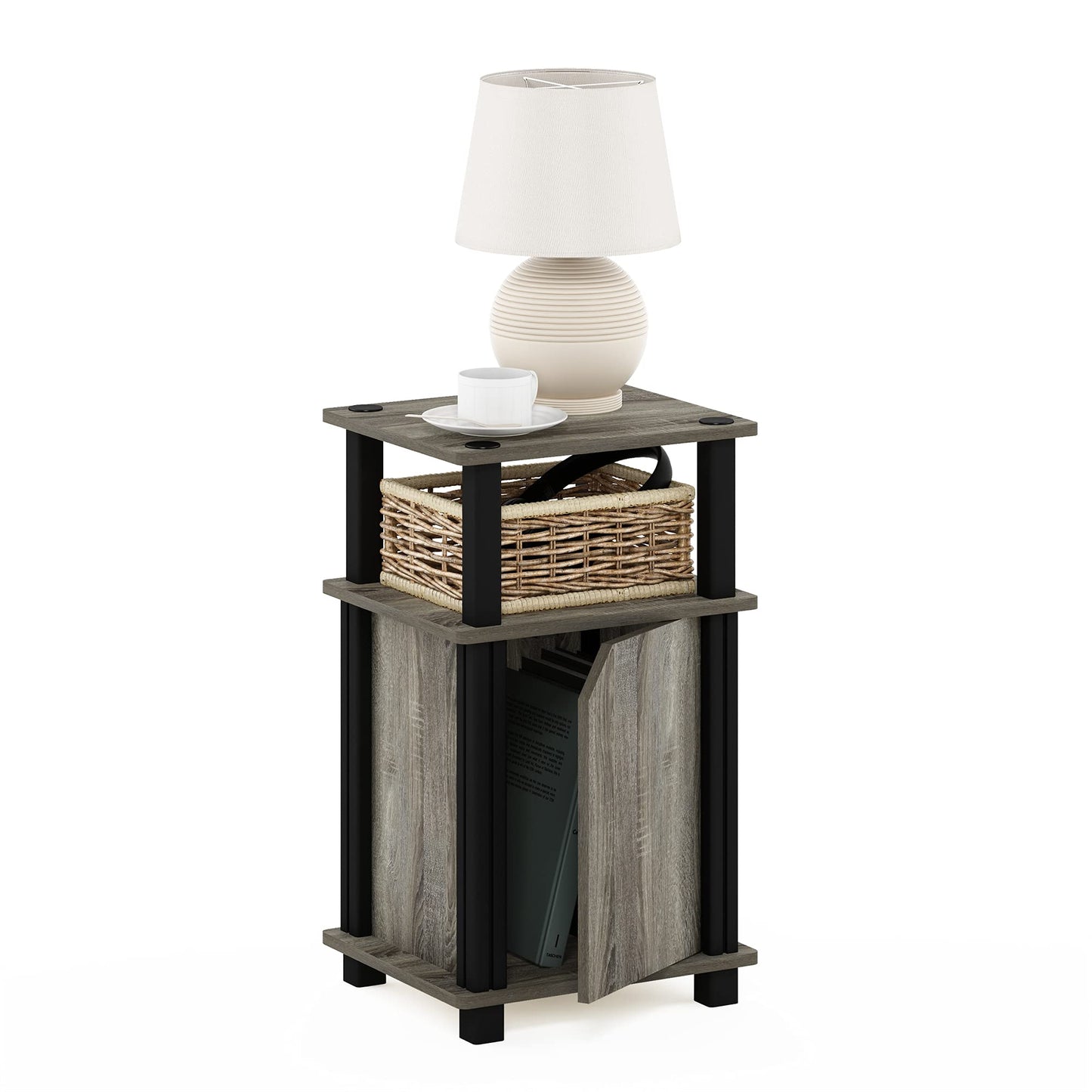 Furinno JUST Side Table, 3-Tier End Table with Door Cabinet, Night Stand, Bedside Table with Open Shelf, for Living Room, Bedroom, French Oak