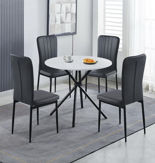 Hallowood Furniture Cullompton Round Table and Chairs Set 4, White Marble Effect Round Dining Table with Chairs in Black Faux Leather Seats, 4 Seater