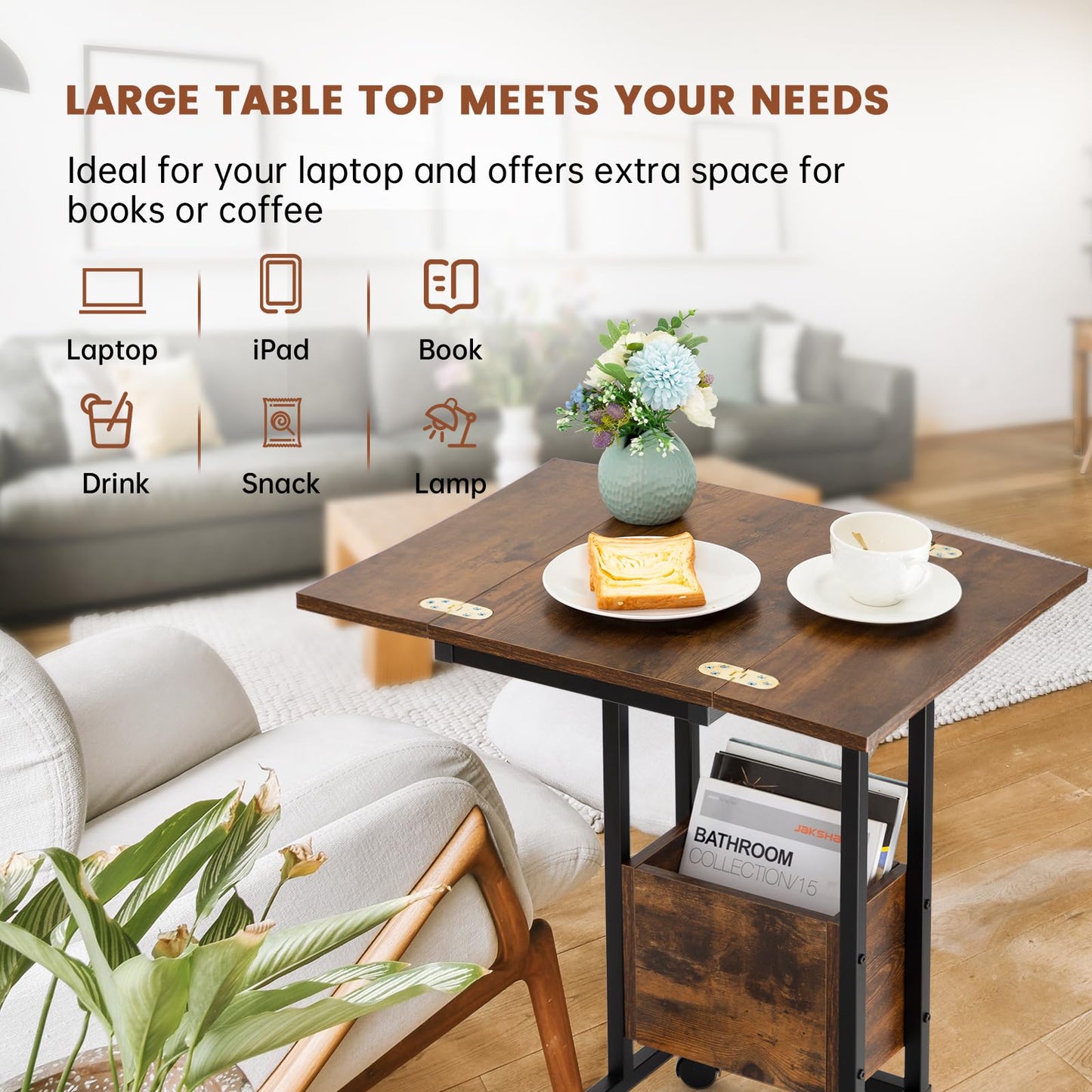 Hadulcet c shaped side table, sofa table with Charging Station & Foldable Tabletop, Laptop Table for Couch, C Table with Storage for Sofa