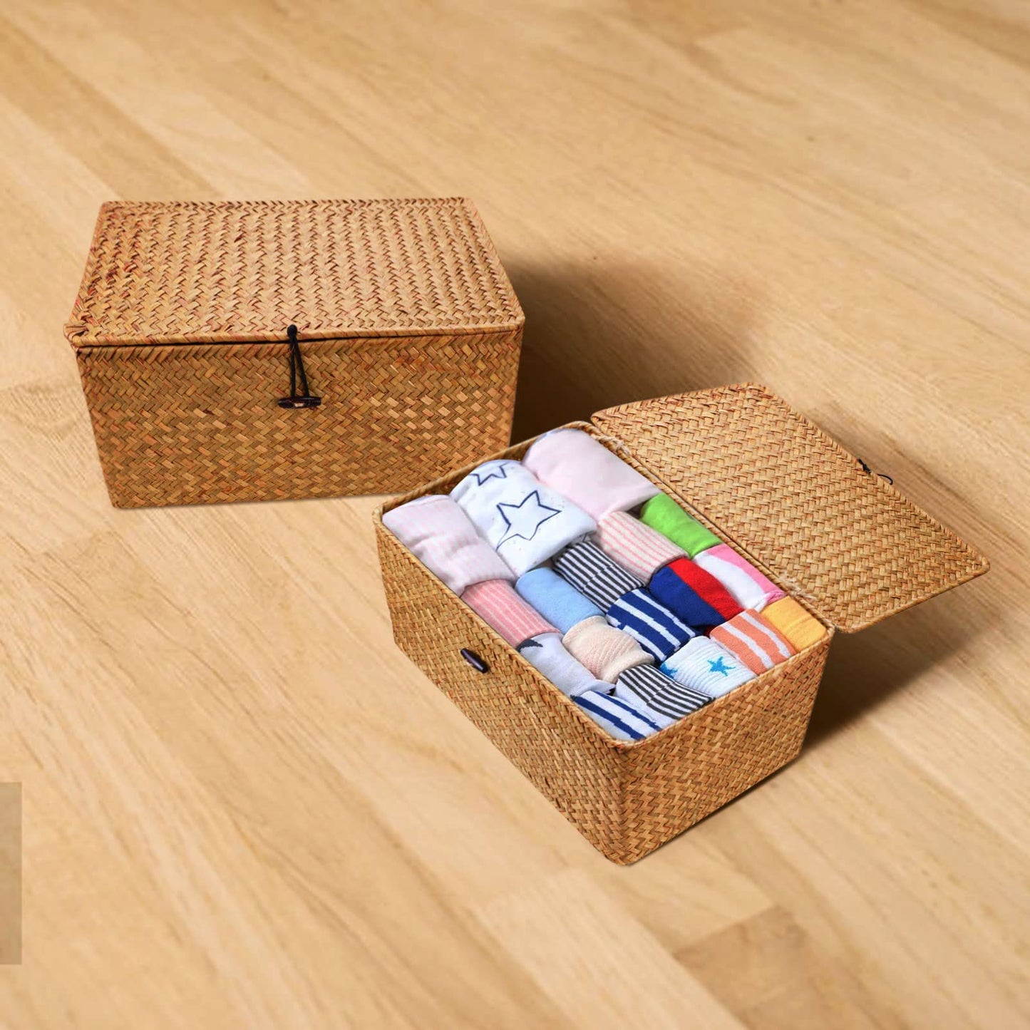 Wicker Storage Basket Woven Rattan Storage Box With Lids Seagrass Laundry Baskets Makeup Organizer For Bathroom, Living Room, Kitchen (M)