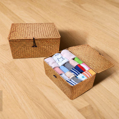 Wicker Storage Basket Woven Rattan Storage Box With Lids Seagrass Laundry Baskets Makeup Organizer For Bathroom, Living Room, Kitchen M