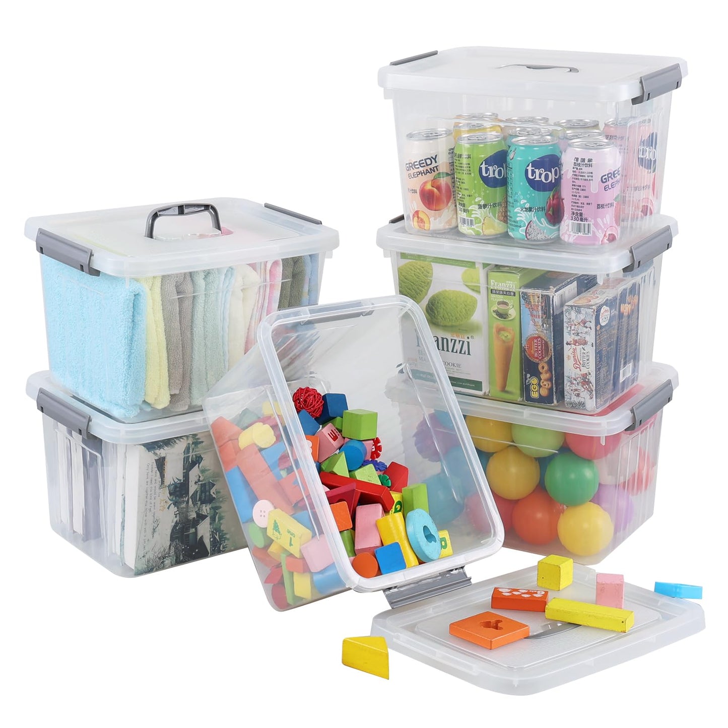 Udotry 12 Litre Clear Plastic Storage Box with Lids & Handle, 6-Pack, Grey
