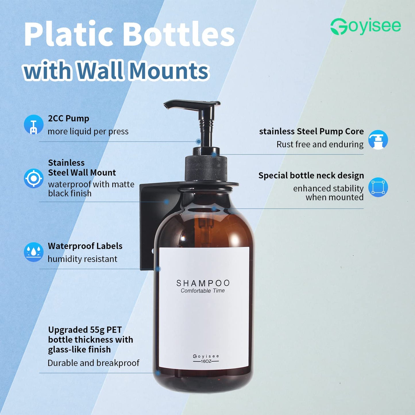 GOYISEE Shampoo and Conditioner Dispenser for Shower Wall 3 Chamber,Refillable Shampoo and Conditioner Bottles with Waterproof Labels,Soap Dispenser